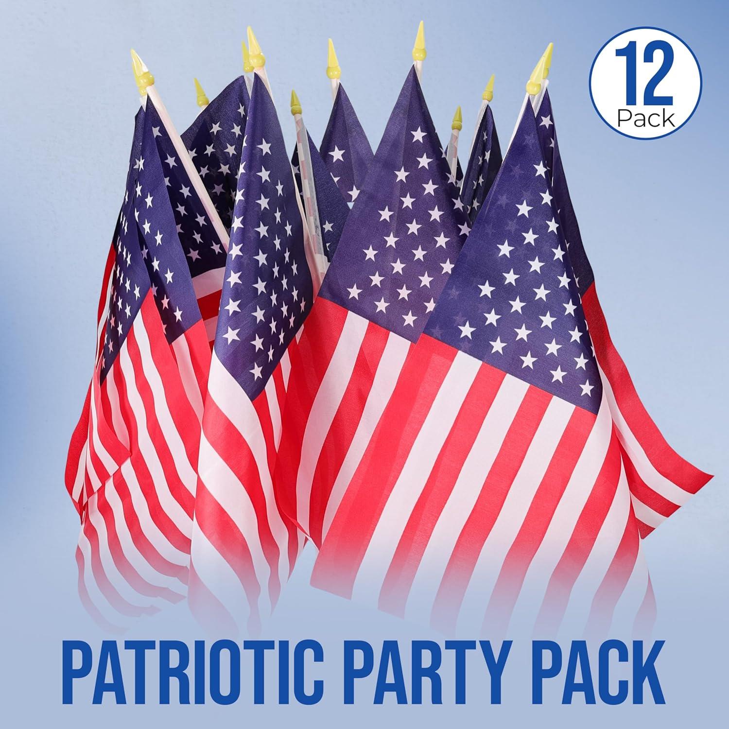 12 Pack Small American Flags Small US Flags/Mini American Flag on Stick 8x12 Inch US American Hand Held Stick Flags with Kid-Safe Spear Top, Polyester Full Color Tear-Resistant Flag