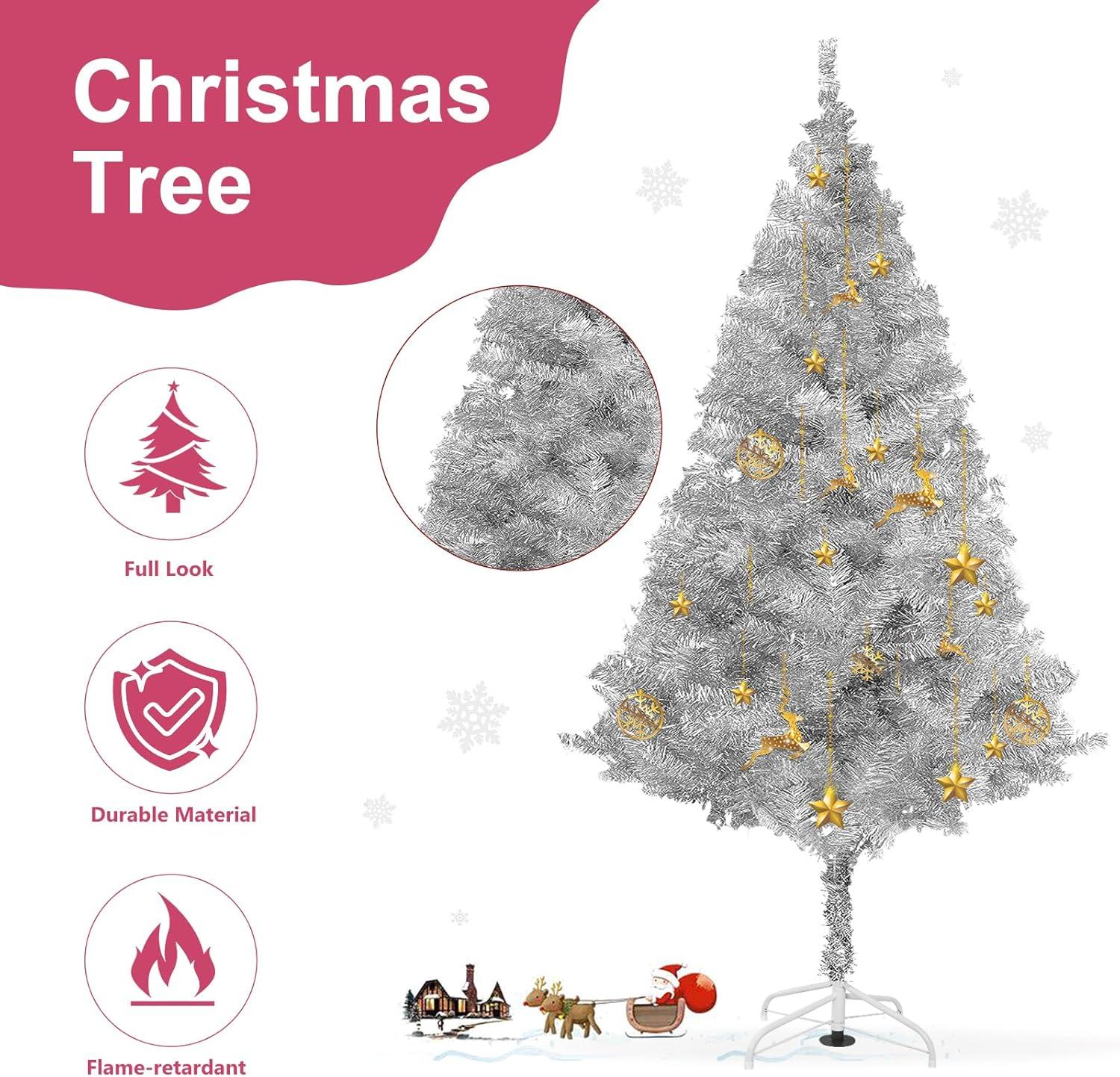 Topcobe 6 Feet Hinged Unlit Artificial Silver Tinsel Christmas Tree with Metal Stand, Decor for Christmas Party