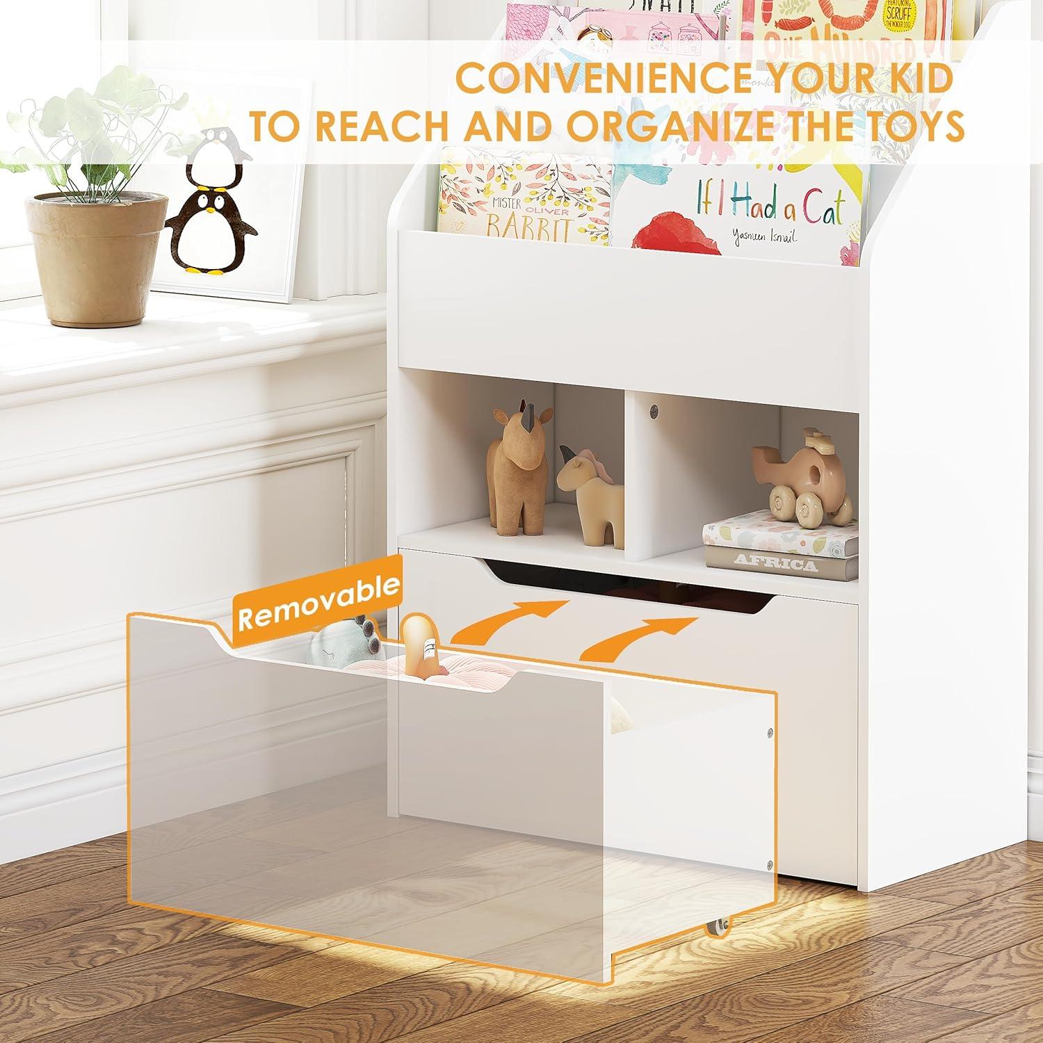 UTEX Kids Bookshelf Toy Organizer with Rolling Toy Box, White, 23.62” W x 11.8” D x 35.43” H