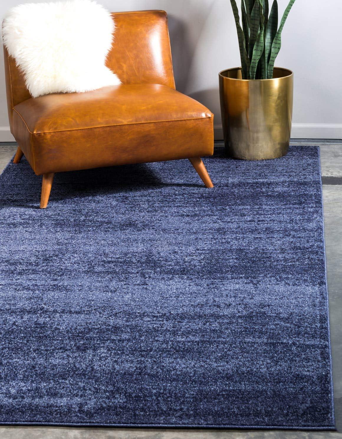 Navy Blue Tufted Stain-Resistant Rectangular Rug