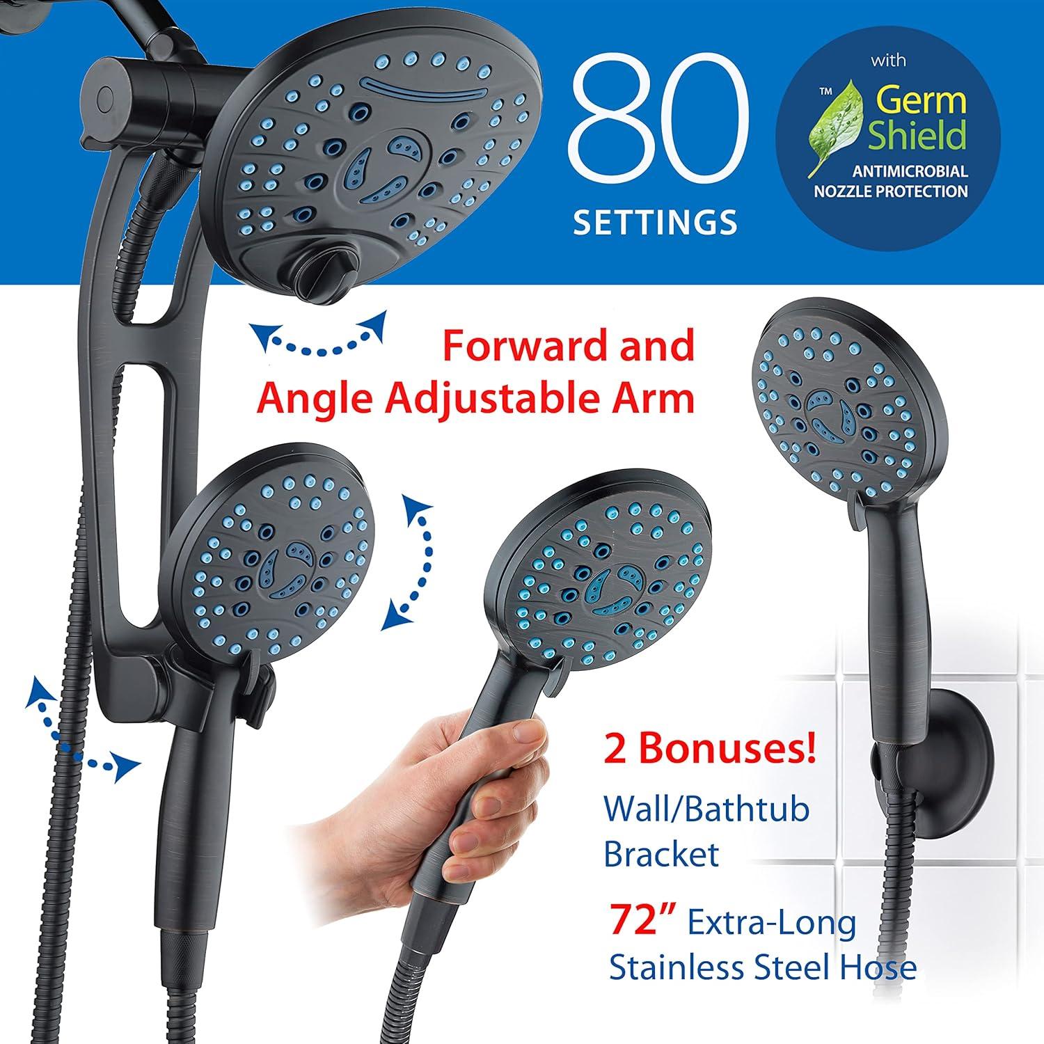 Hotel Spa AquaCare As-Seen-On-TV High Pressure Handheld/Rain 80-mode 3-way Shower Head Combo with Adjustable Arm - Anti-clog Nozzles, Tub & Pet Power Wash, 6 ft. Hose, ORB Bronze Finish