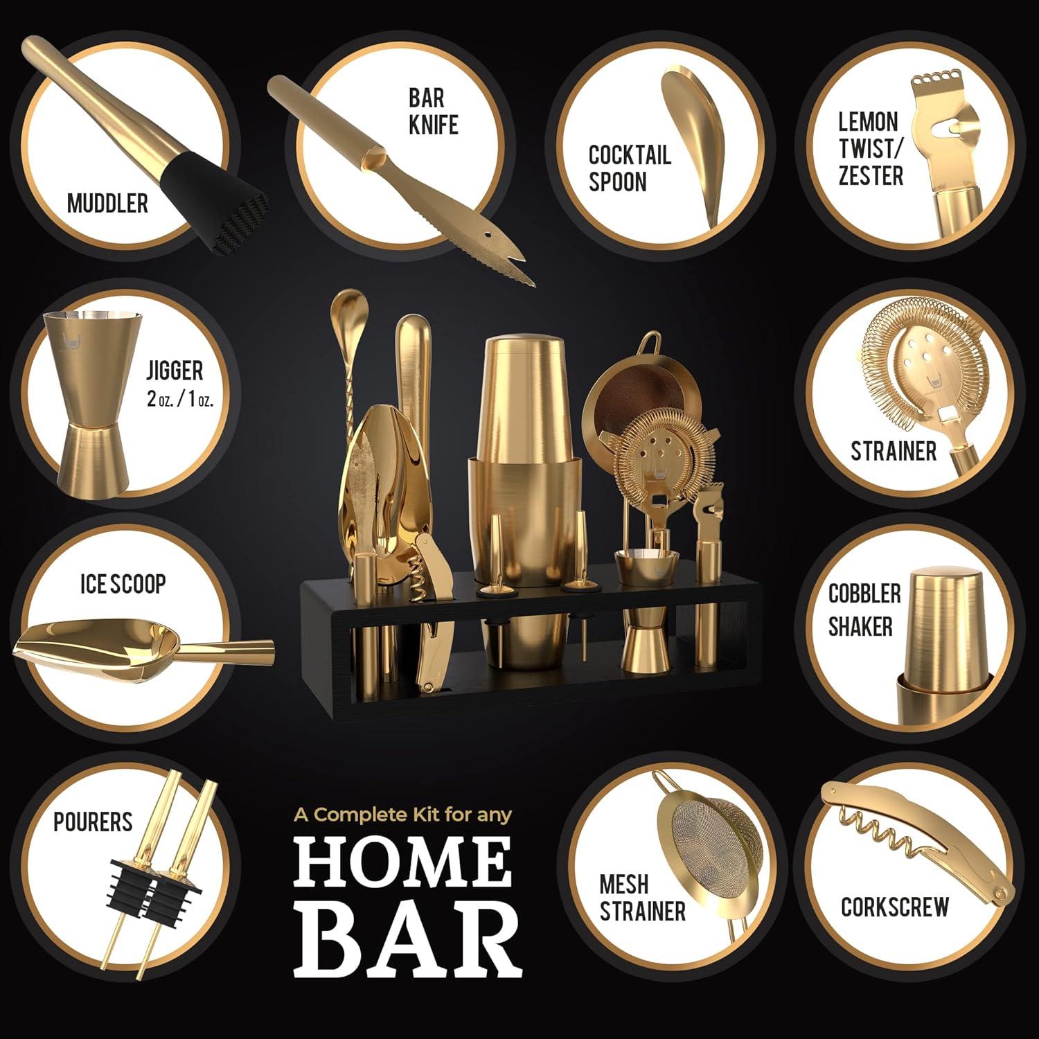 Highball & Chaser 13-Piece Boston Cocktail Shaker Set Stainless Steel Mixology Bartender Kit With Stand For Home Bar Cocktail Set | Laser Engraved Cocktail Tools | Plus E-Book with 30 Cocktail Recipes