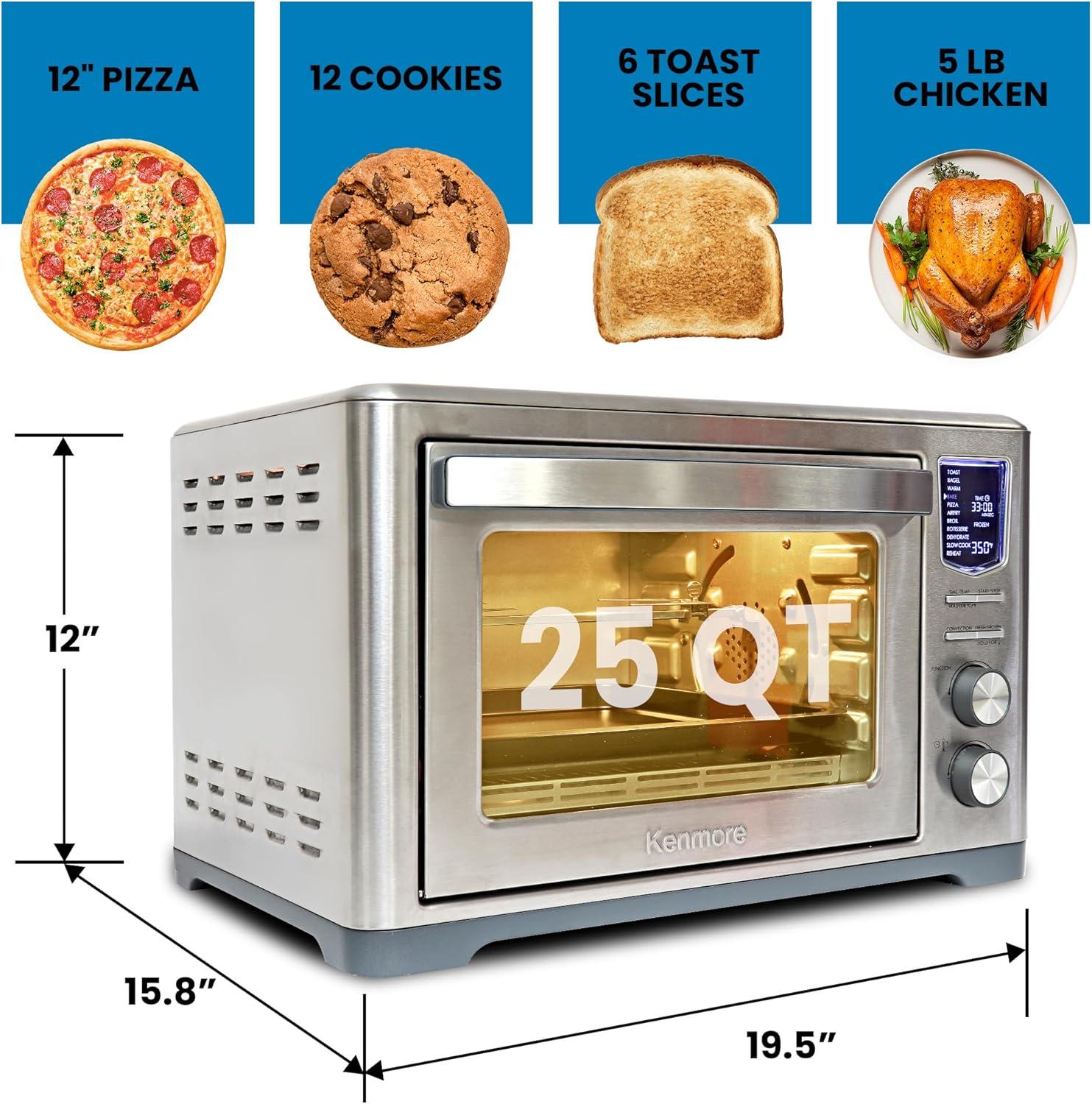 Kenmore 11-in-1 25qt Digital Air Fryer Convection Toaster Oven Rotisserie: Stainless Steel Countertop Oven, 1700W