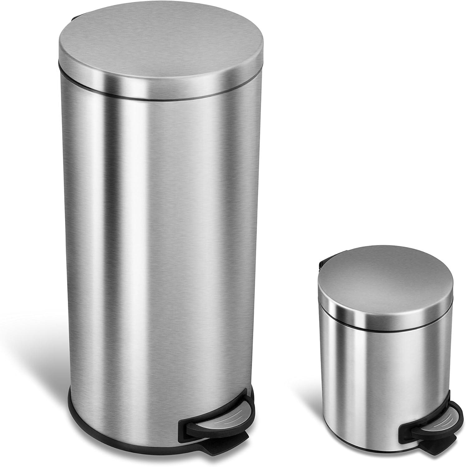 8 Gallon and 1.2 Gallon Stainless Steel Step-On Trash Can Set