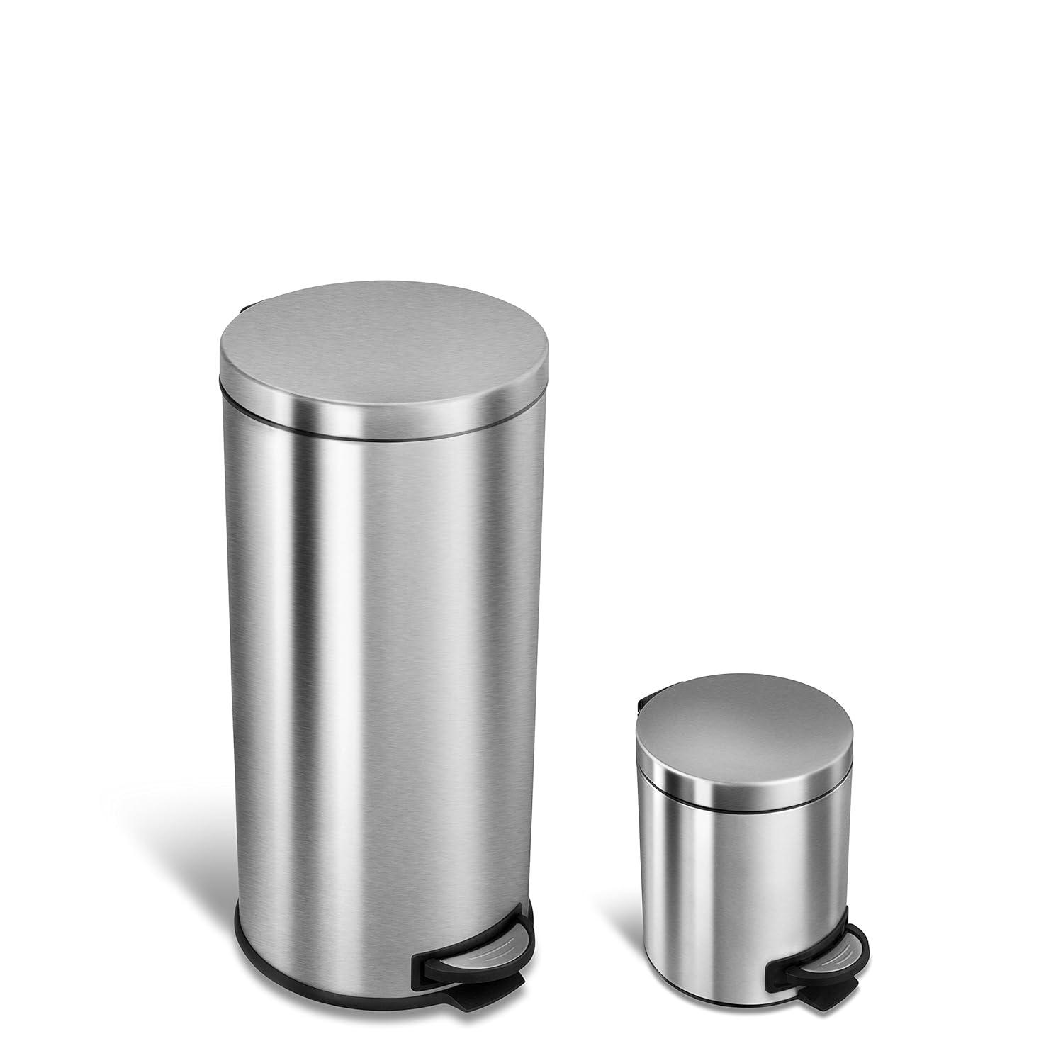 8 Gallon and 1.2 Gallon Stainless Steel Step-On Trash Can Set