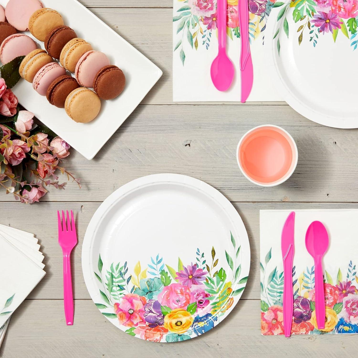 Juvale Juvale 144 Piece Flower Tea Party Supplies, Includes Disposable Floral Paper Plates, Napkins, Cups, Cutlery