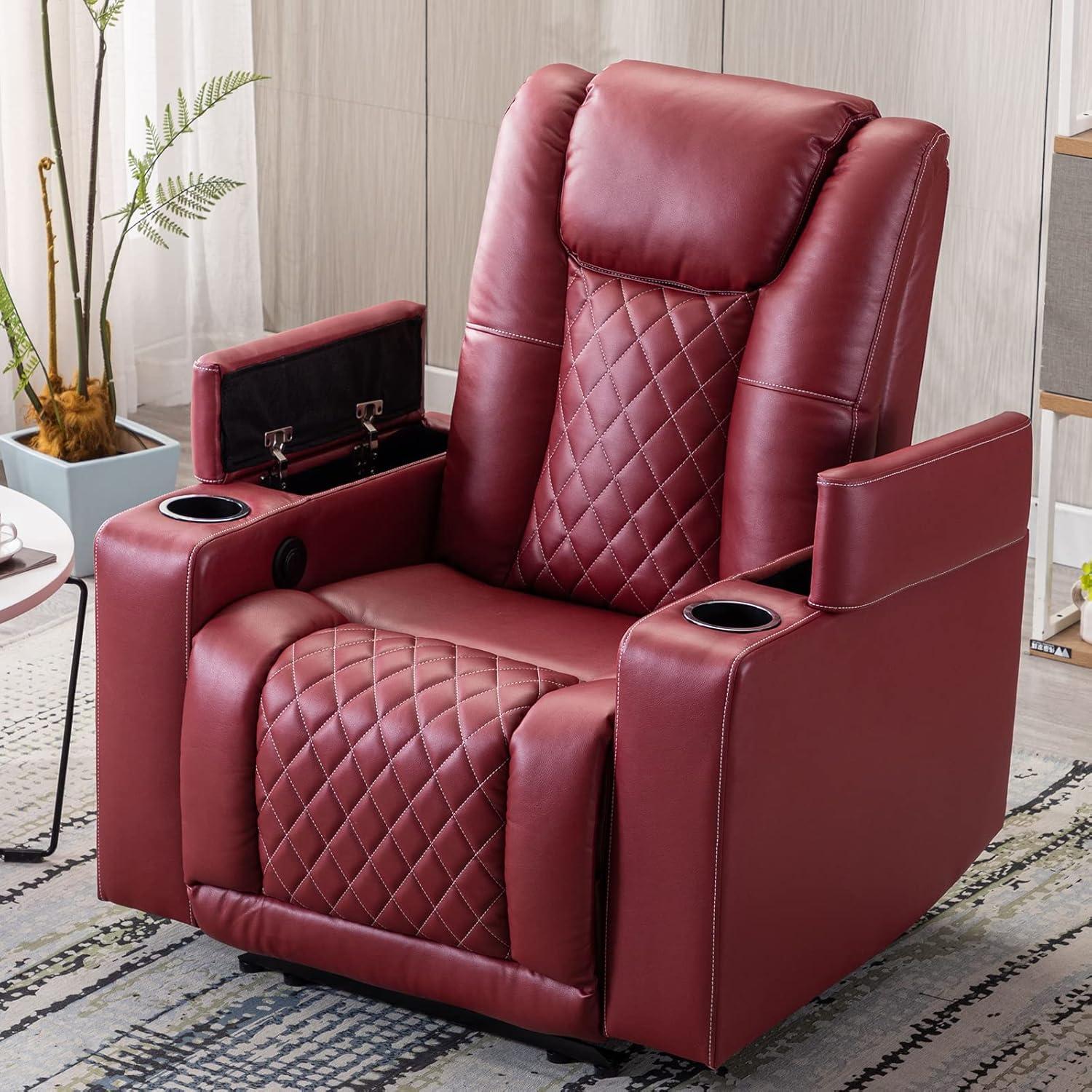 Bonzy Home Electric Power Recliner Chair Soft Air Breathable Leather Reclining for Adults with USB Ports and Cup Holders, Black Home Theater Seating with Hidden Arm Storage Movie & Media Room Chairs
