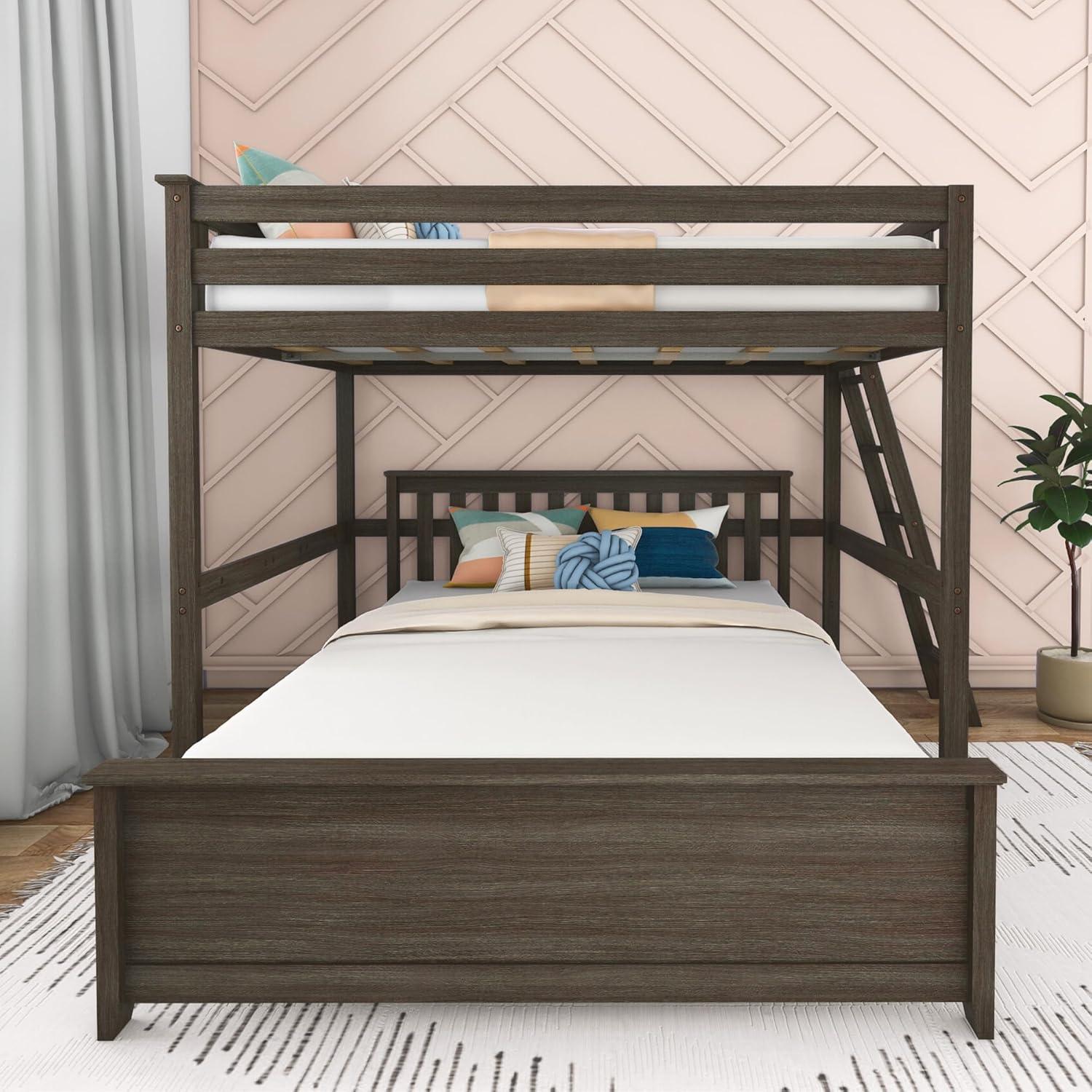 Max & Lily Bunk Bed, L Shaped Full-Over-Queen Bed Frame for Kids with Ladder on End, Solid Wood Bunk Bed for Kids, No Box Spring Needed, Pecan