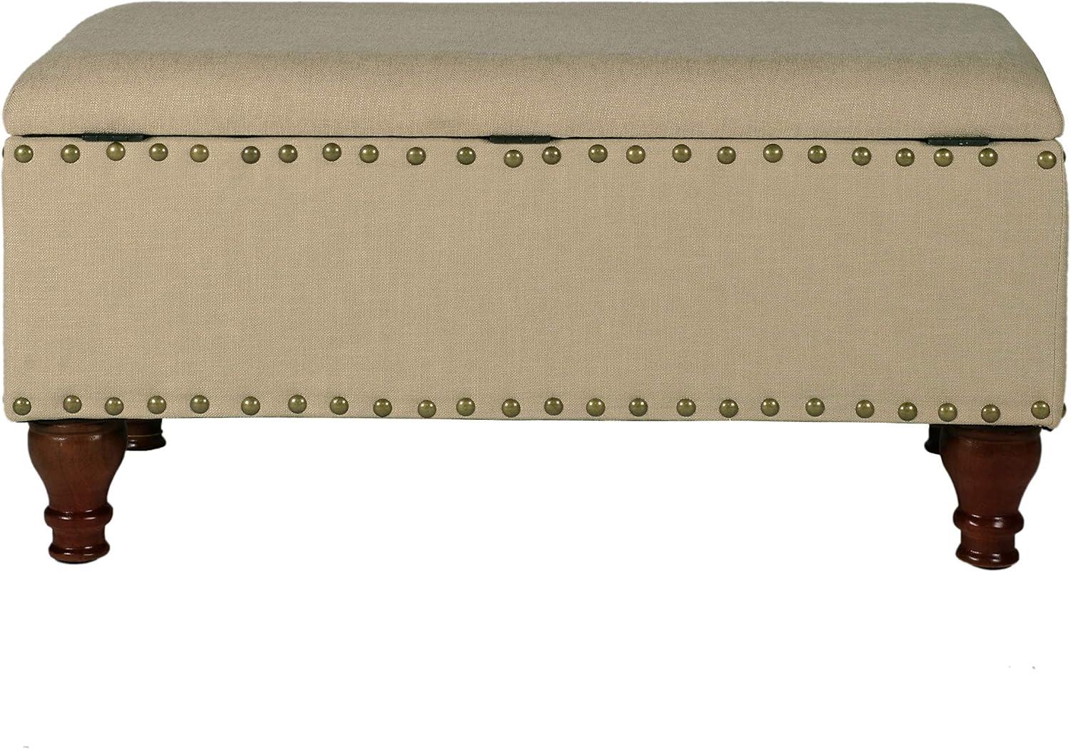 Elegant Tan Upholstered Storage Bench with Nailhead Trim and Wood Legs