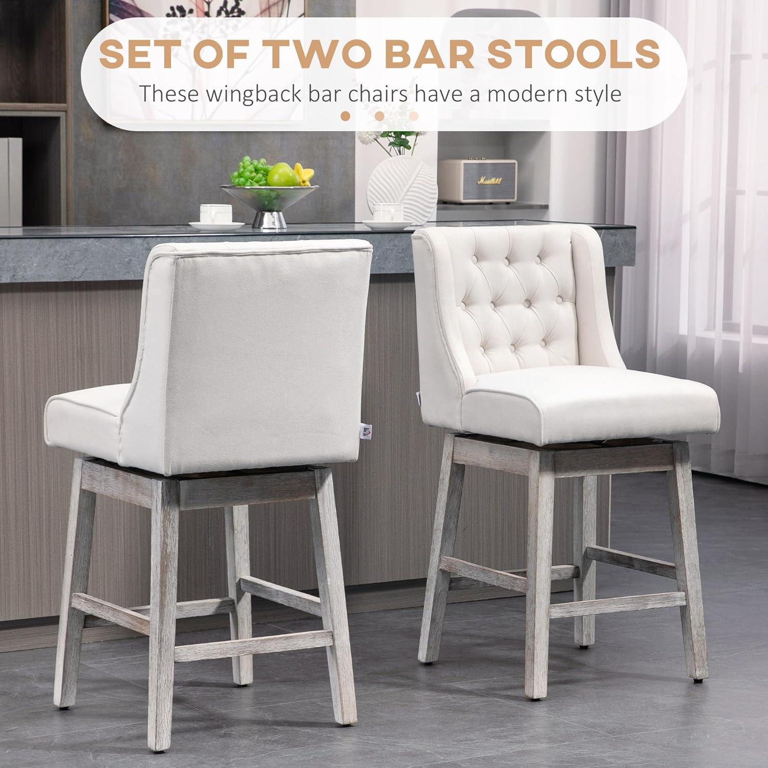 HOMCOM Counter Height Bar Stools Set of 2, 180 Degree Swivel Barstools, 27" Seat Height Bar Chairs with Solid Wood Footrests and Button Tufted Design, Beige