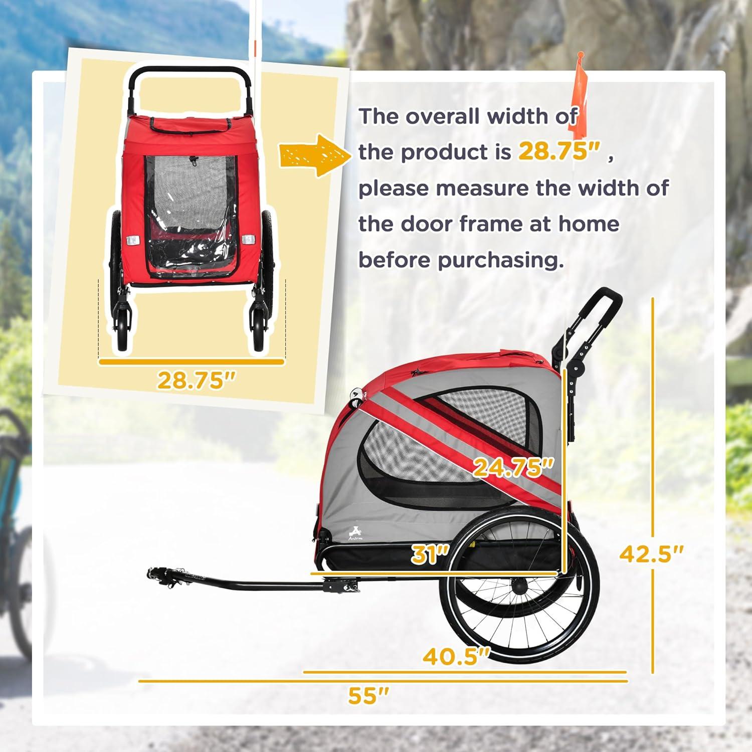 DUOSONG Aosom 2-In-1 Pet Bike Trailer For Small Dogs, Road-Visibility Bicycle Stroller, Weather-Strong Bike Wagon Trailer Sidecar Attachment, Red Red Steel Pet Supplies Pet Strollers