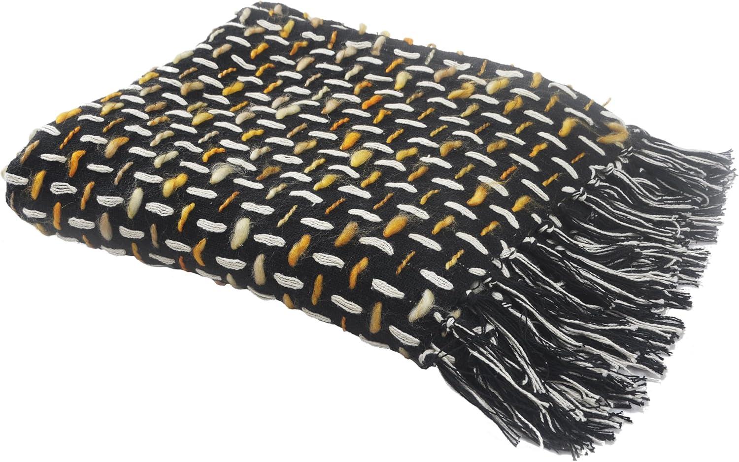 Ox Bay Modern Interwoven Throw Blanket with Fringe, 50" x 60", Black / Gold