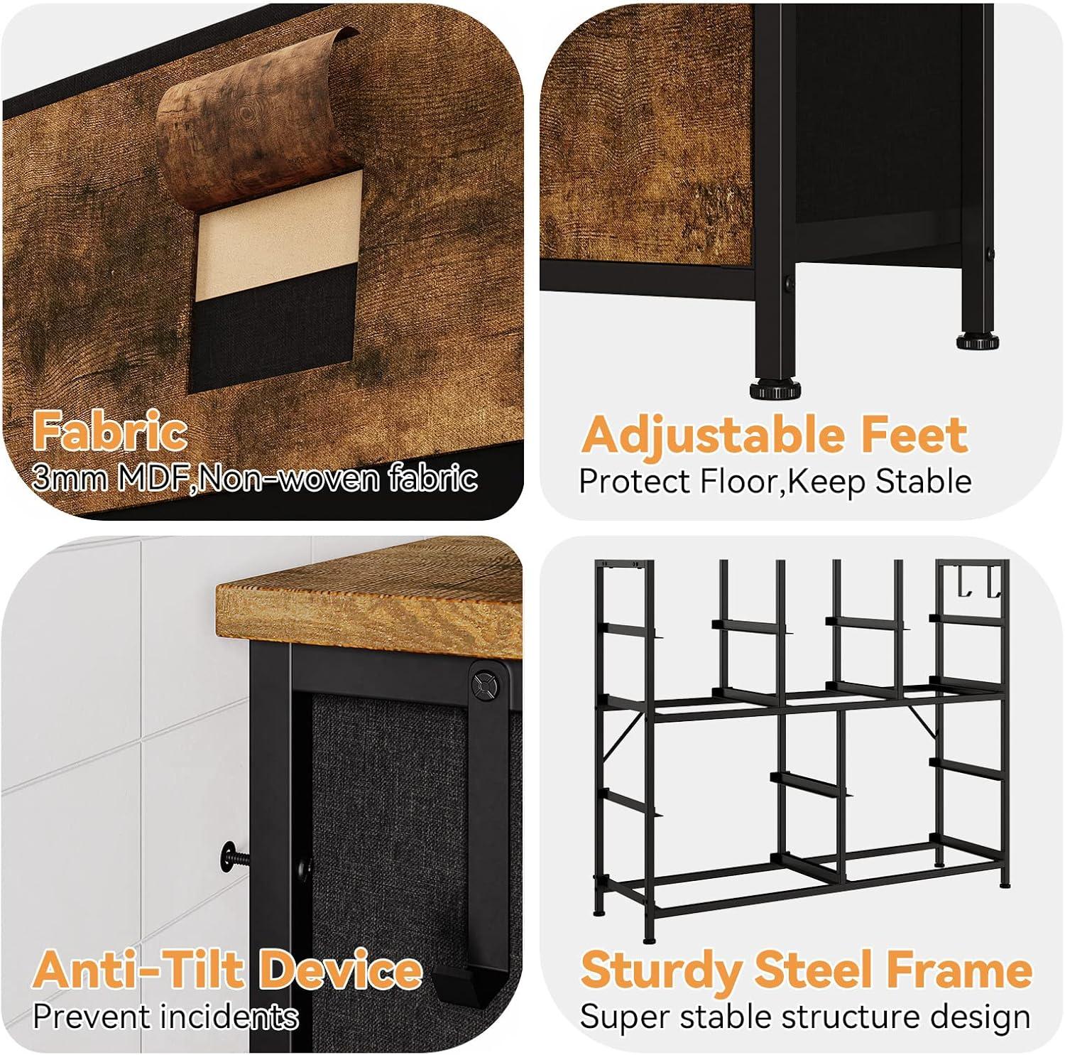 Garvee 10 Drawer Dresser Chest of Drawers for Bedroom Living Room, Fabric Storage Organizer With Wood Top, Side Pockets & Hooks for Entryway, Hallway, Closet, Nursery, Retro Brown