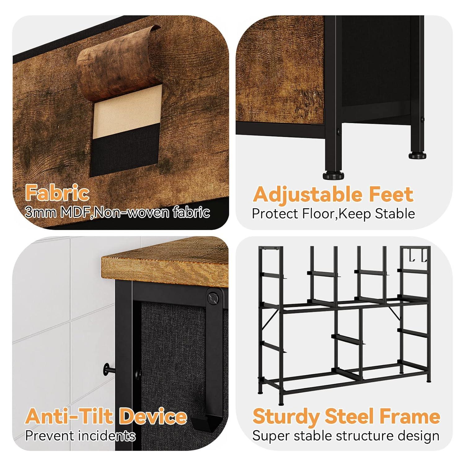 Garvee 10 Drawer Dresser Chest of Drawers for Bedroom Living Room, Fabric Storage Organizer With Wood Top, Side Pockets & Hooks for Entryway, Hallway, Closet, Nursery, Retro Brown