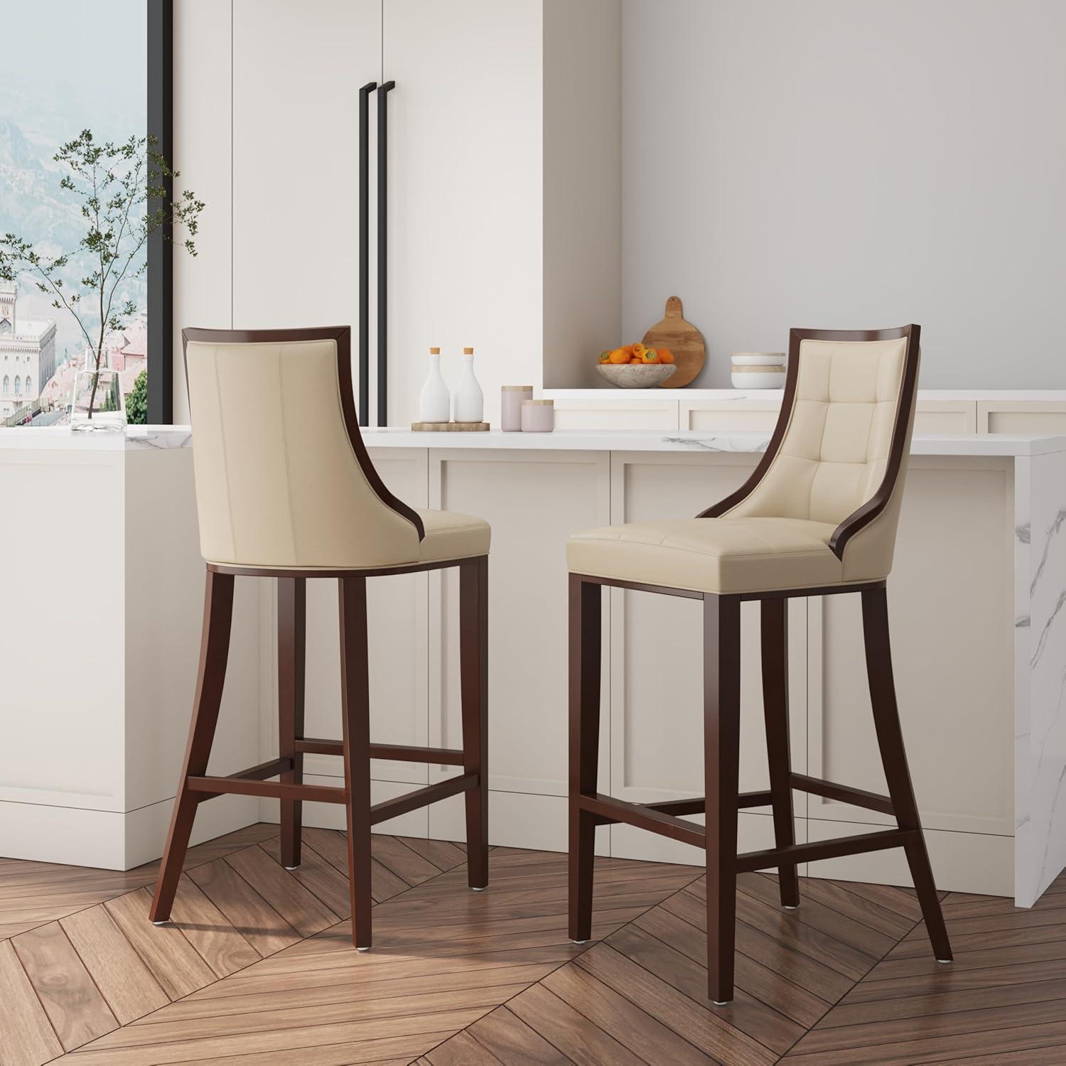 Fifth Avenue Upholstered Beech Wood Faux Leather Barstool Cream - Manhattan Comfort: Padded Back, Armless Design, Fixed Height