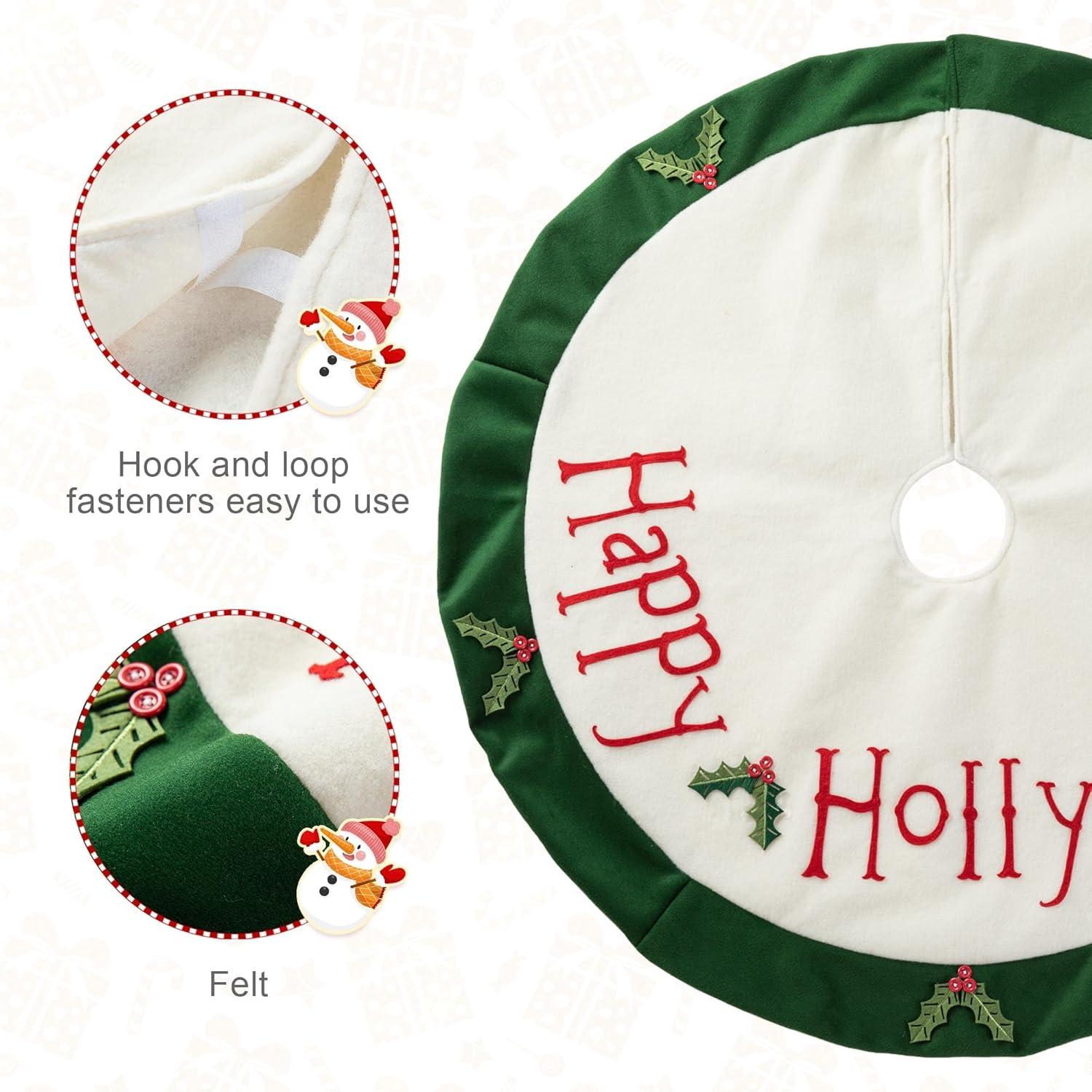 48" Green and White Felt Christmas Tree Skirt with Holly Leaves