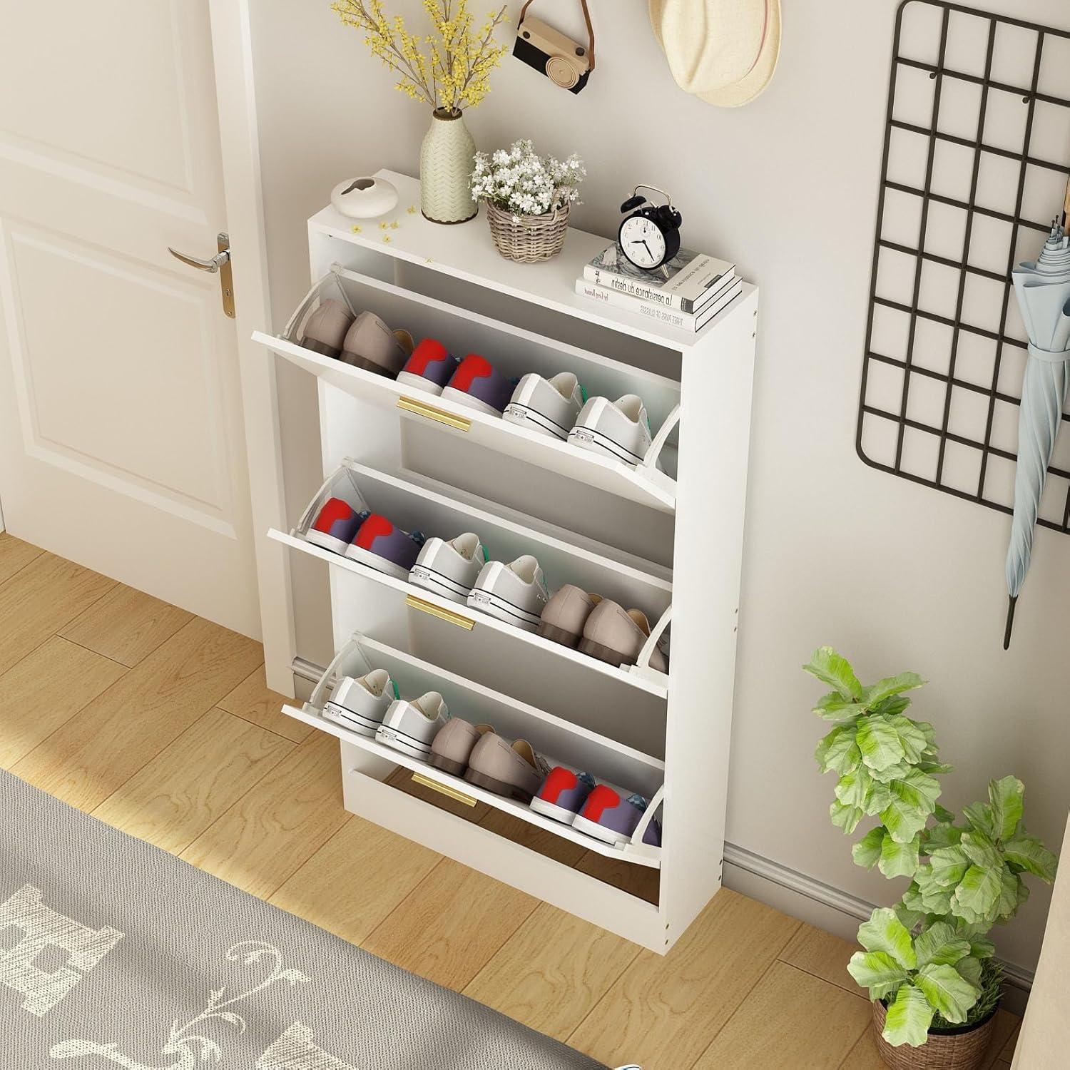 White Narrow Wood Shoe Storage Cabinet with 3 Flip Drawers