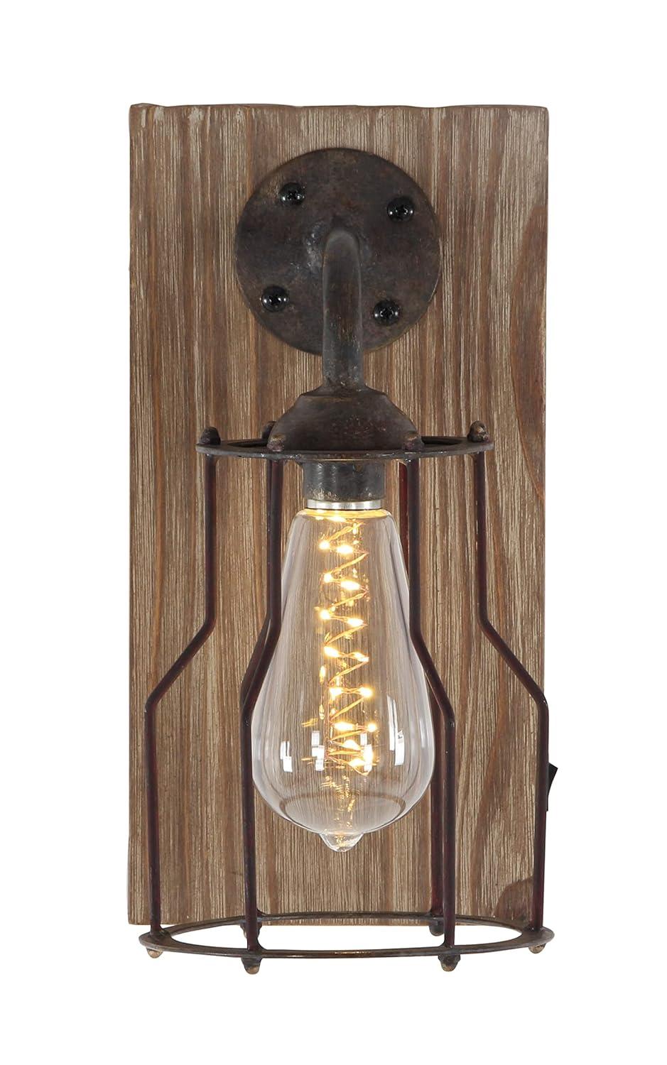 DecMode Industrial Metal Wall Sconce with Wood Backplate and Iron Cage, 6"W x 11"H Features Rustic Brown Finish