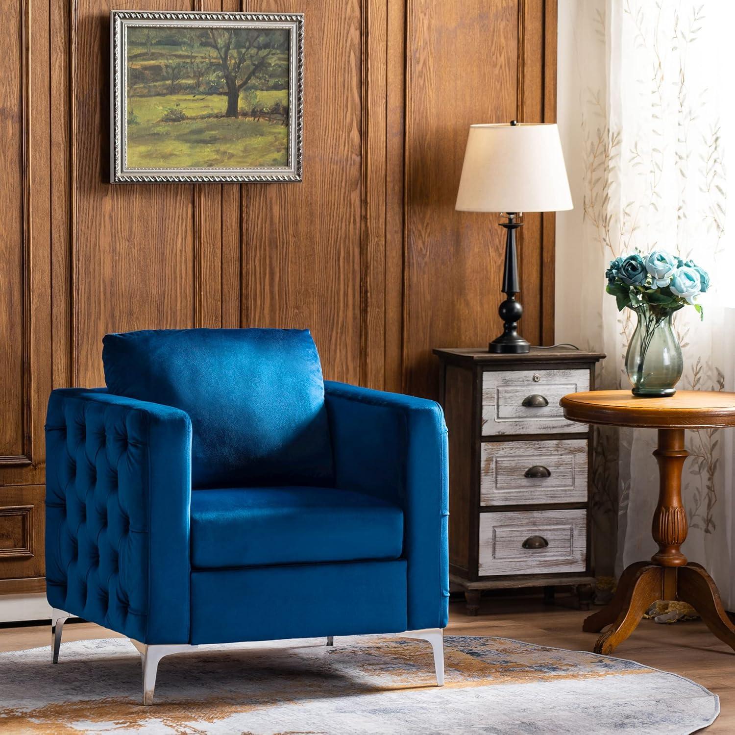 Blue Velvet Tufted Barrel Accent Chair with Silver Metal Legs