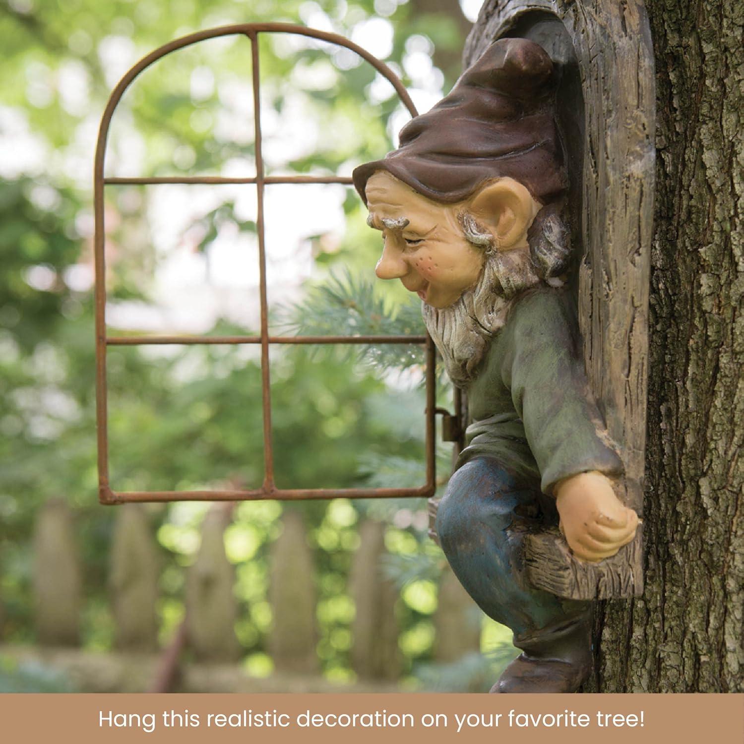 Bits and Pieces 12” Elf Out The Door Tree Hugger Yard Tree Sculpture Decoration Garden Peeker Art