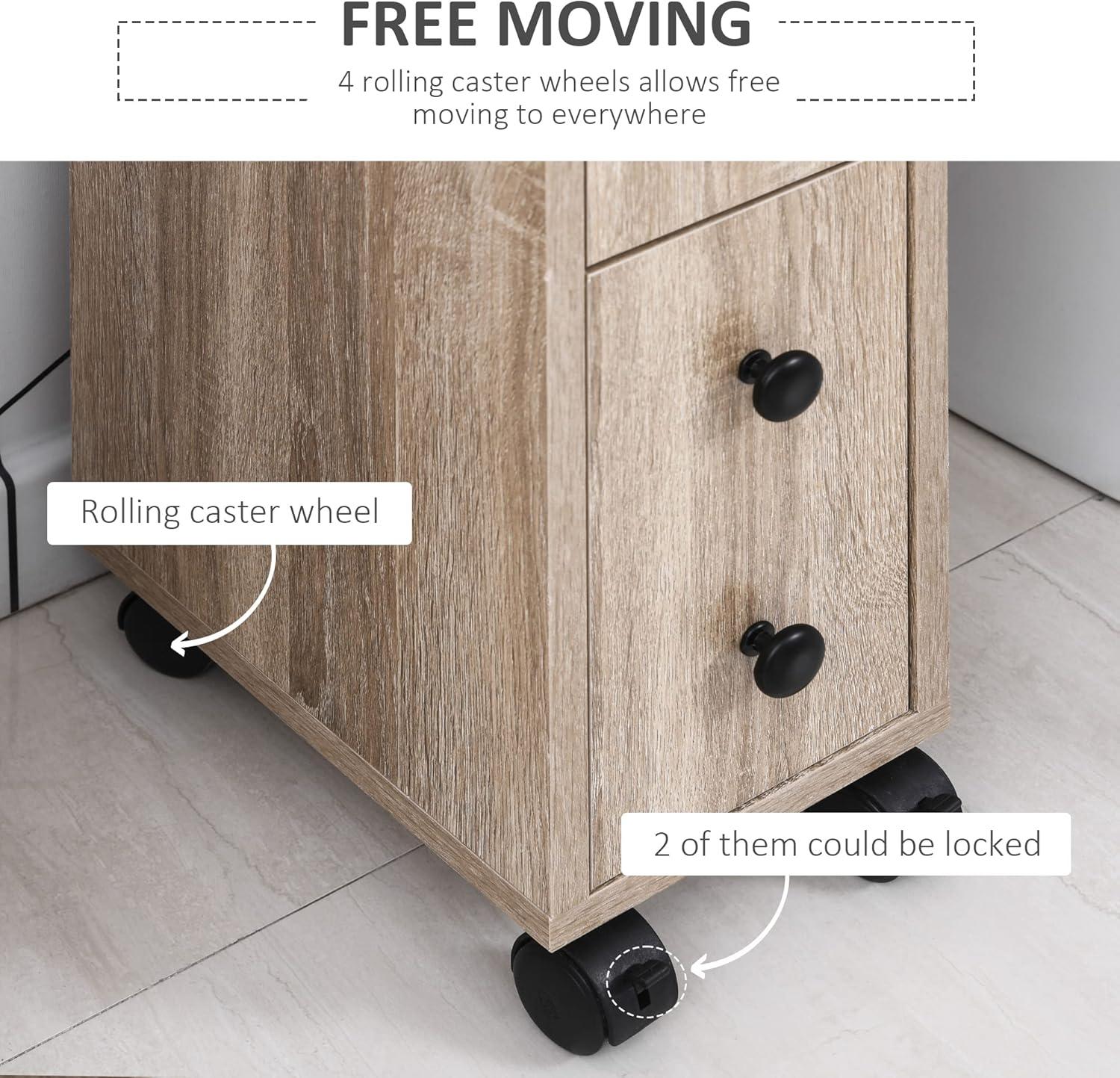 kleankin Freestanding Compact Design Bathroom Cabinet with 2 Open Cabinets, 1 Door Cabinet, 1 Drawer and 4 Rolling Wheels, Oak Grain Color