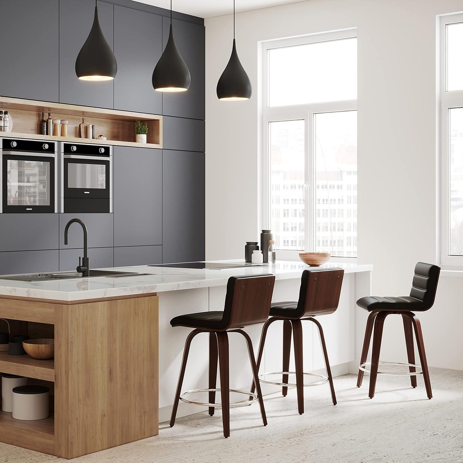 Simpli Home Roland Swivel Upholstered Mid-Century Modern Stool with Padded Seat and Back