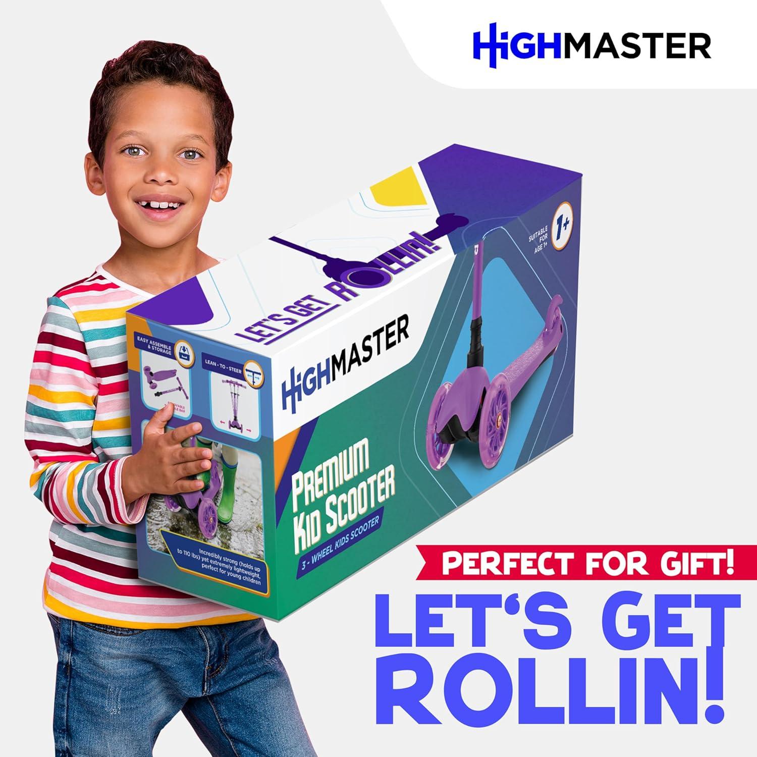 Highmaster 3-Wheel Toddler Scooter for 2 to 8 Year Old boy - 3 Wheeled Kids Scooter with Light Up Wheels, Safe and Fun Ride for Kids - Purple