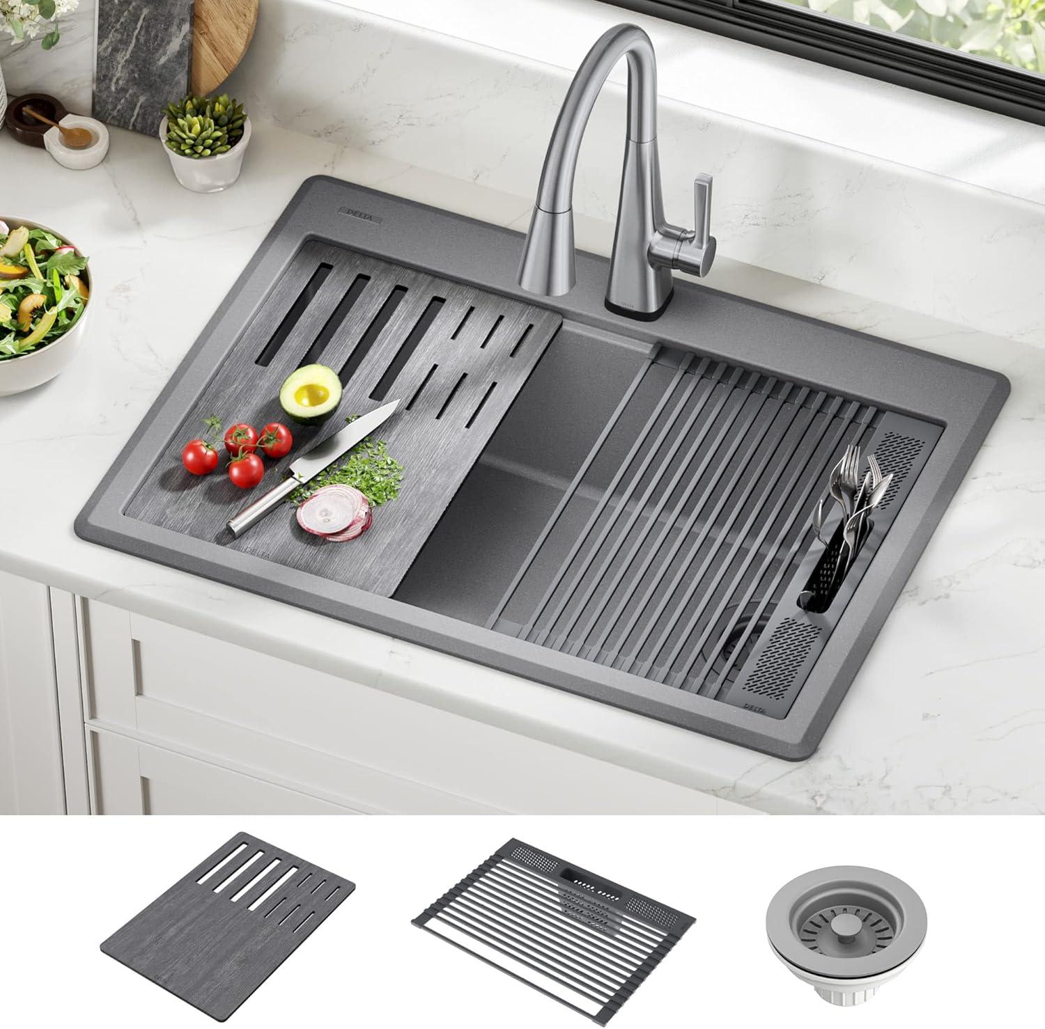 DELTA Everest™ 30" L Granite Composite Workstation Kitchen Sink Drop-In Top Mount Single Bowl with WorkFlow™ Ledge