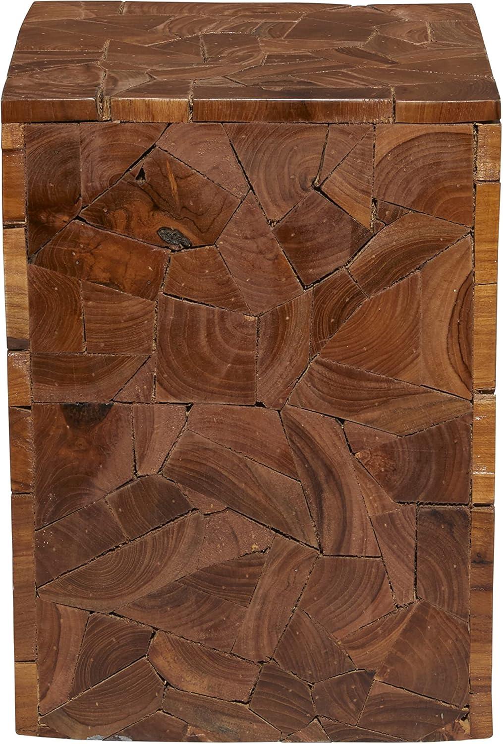 DecMode 12" x 16" Brown Teak Wood Handmade Accent Table with Mosaic Wood Chip Design, 1-Piece