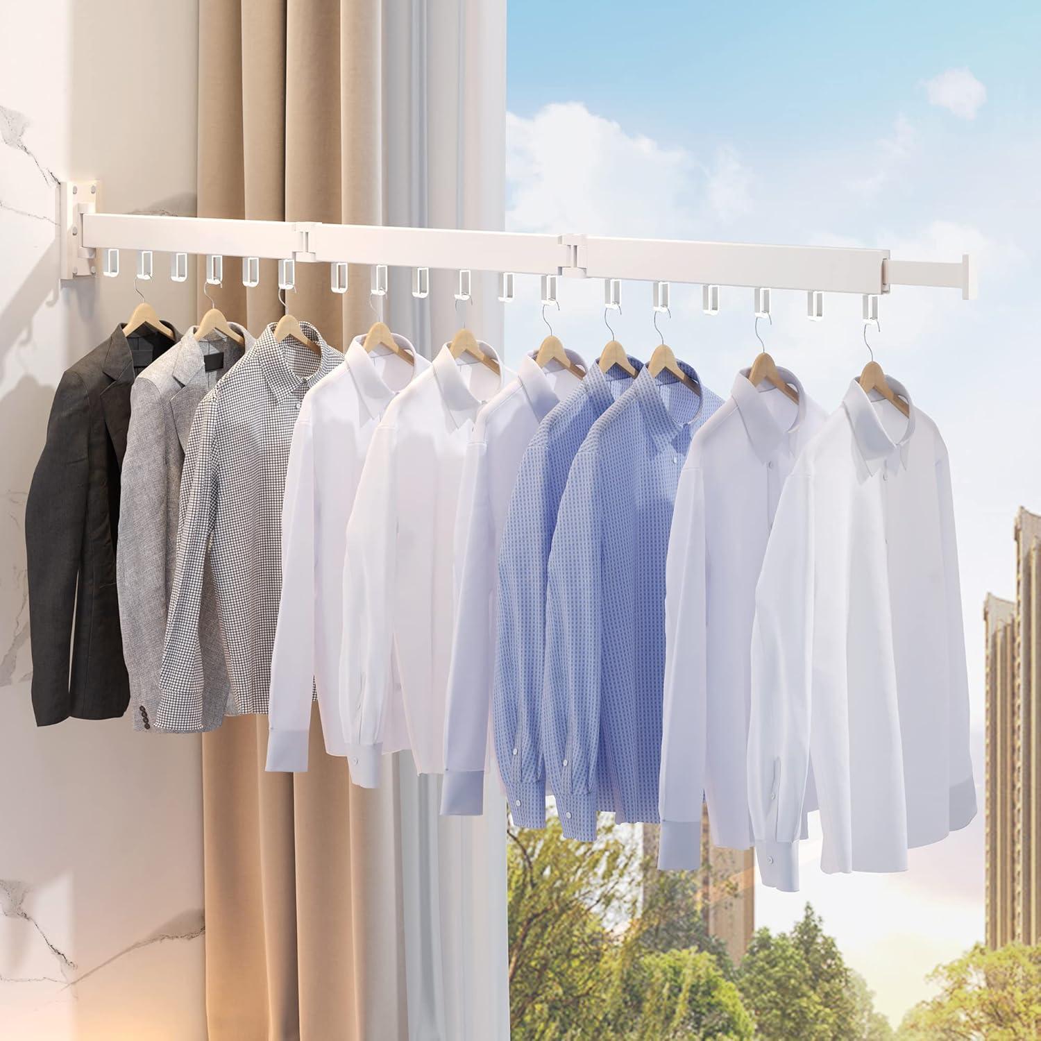 Dr.DJ Clothes Drying Rack for Laundry, Retractable Clothes Hanger Rack Wall Mounted Folding Indoor, Drying Rack, Space Saver Clothes Rack,Collapsible (Tri-Fold) with 18 J-Hooks Laundry Rack White