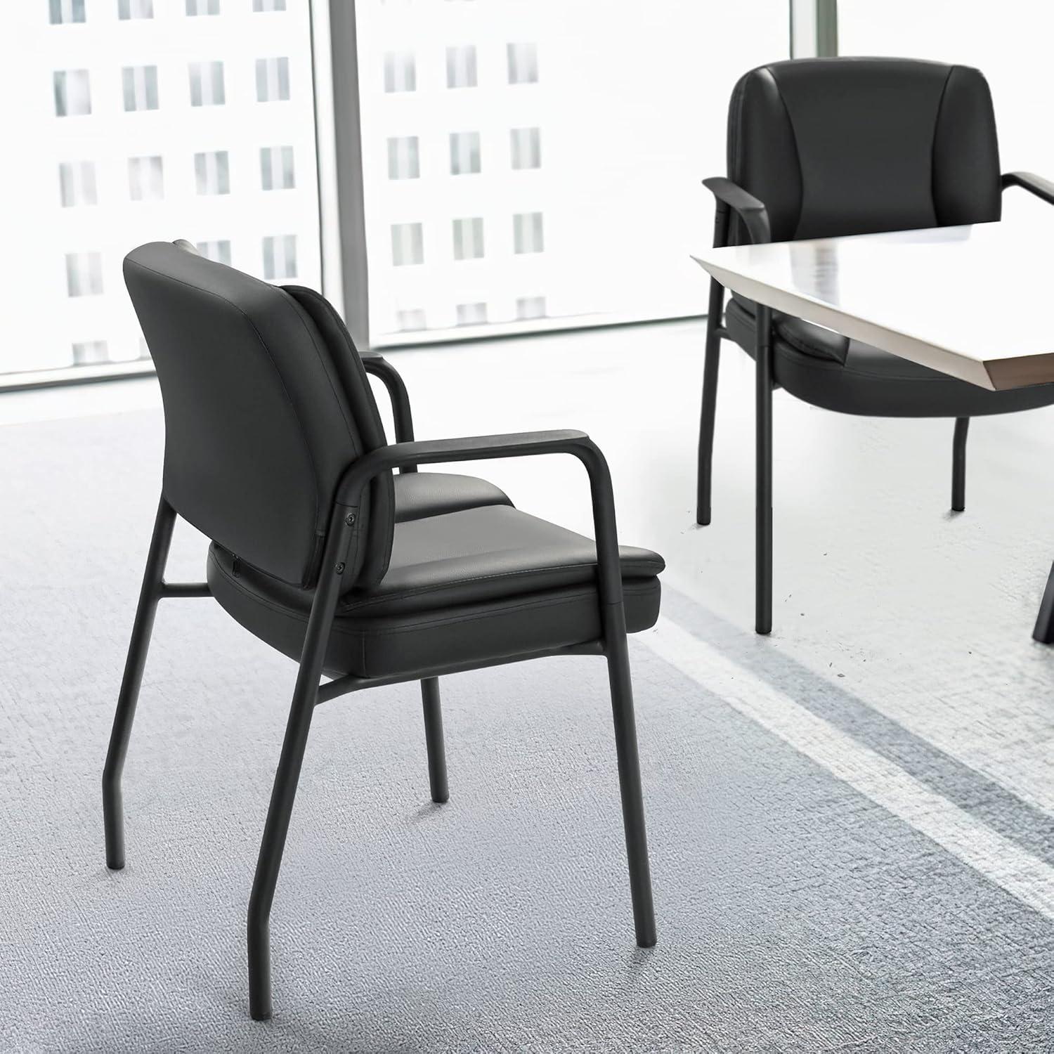 Black Leather Upholstered Office Guest Chairs with Armrests, Set of 2