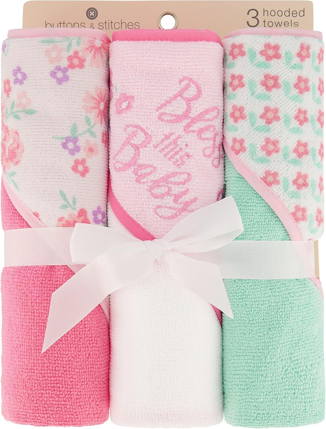 3 Pack Cudlie Baby Buttons & Stitches Hooded Bath Towels - Bless This Baby Print