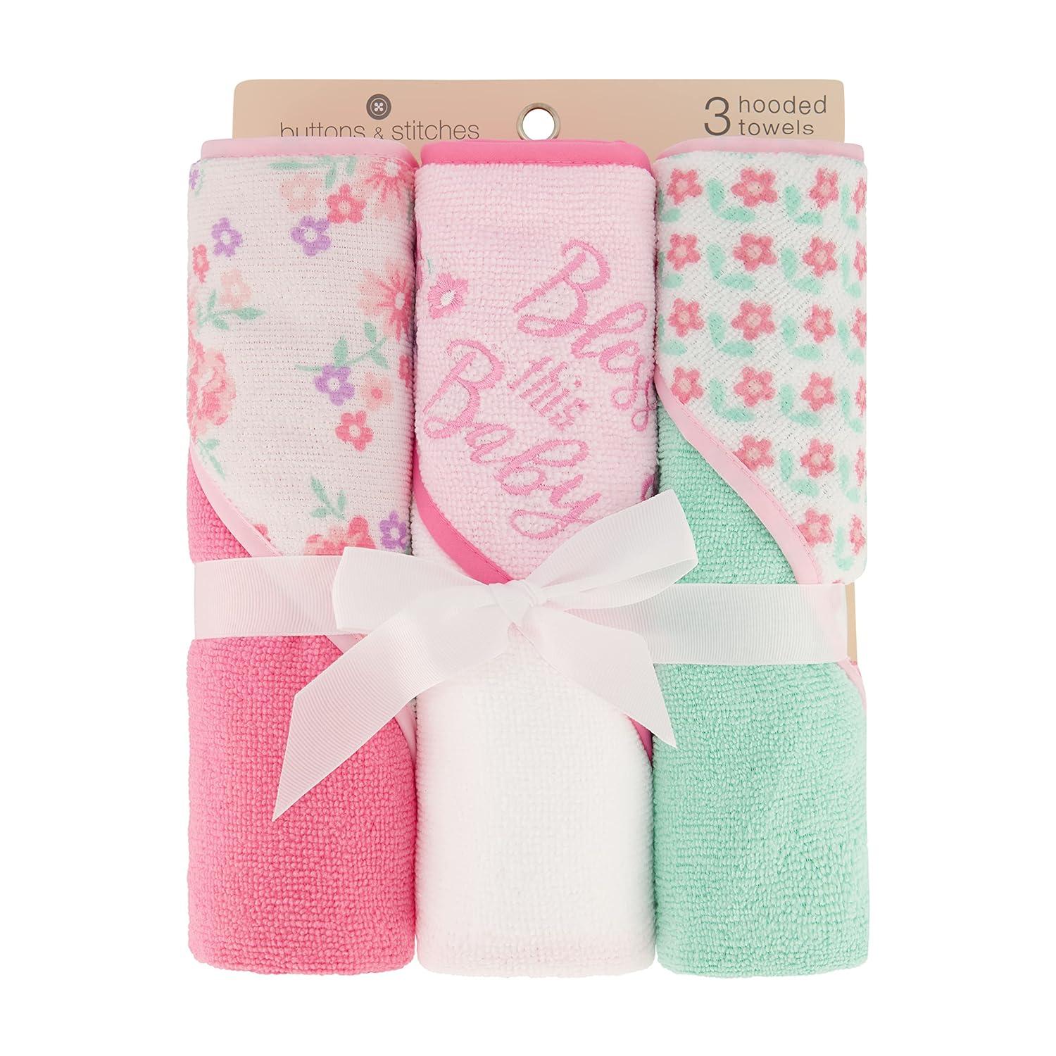3 Pack Cudlie Baby Buttons & Stitches Hooded Bath Towels - Bless This Baby Print