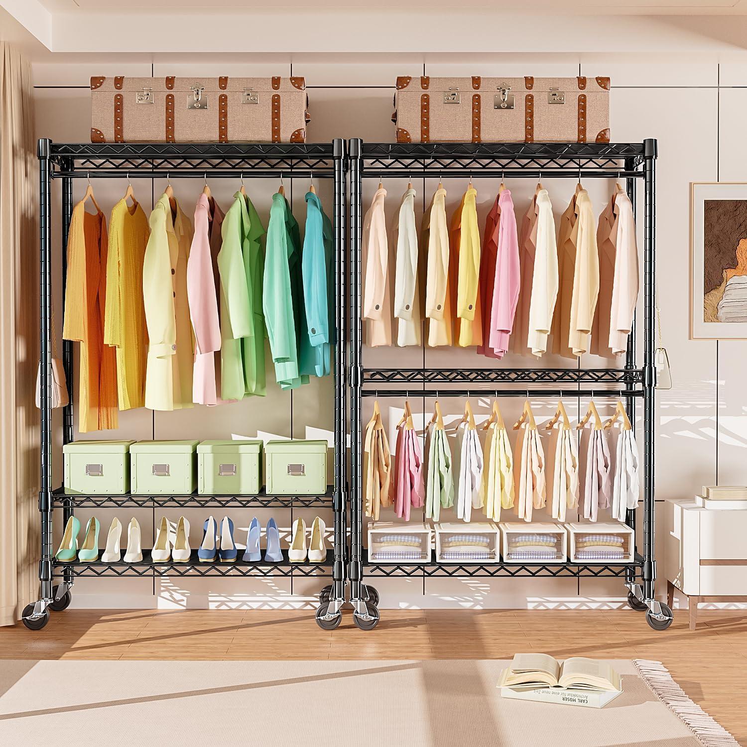 Heavy Duty Clothes Rack Rolling Garment Rack,3 Tier Adjustable Wire Shelving Clothing Racks for Hanging Clothes with Hanger Rod&Side Hooks,Freestanding Wardrobe Storage Rack Metal Portable Closet