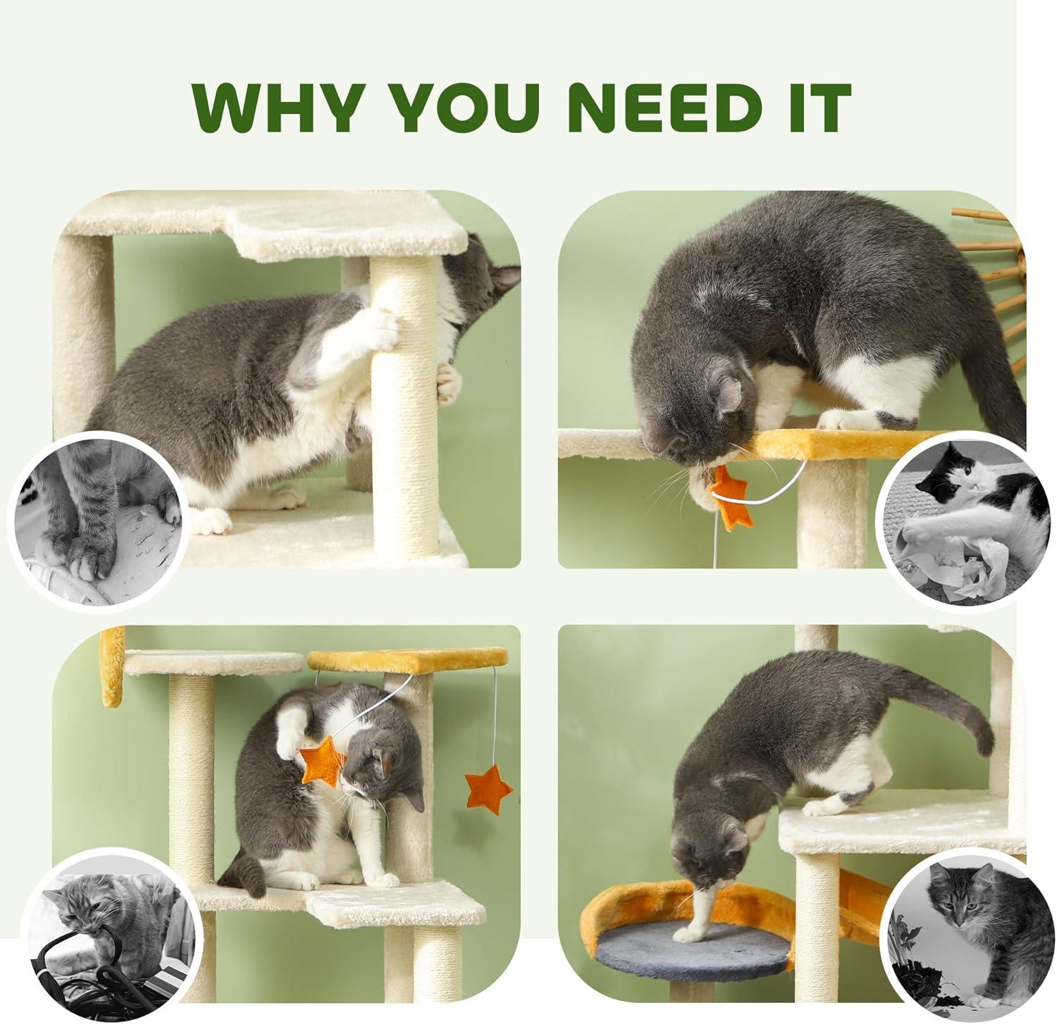 PawHut Cat Tree, 63 Inch Moon and Star Themed Cat Tower with Scratching Post, Hammock, Condo, Bed, Scratching Board & Cat Toys, Beige