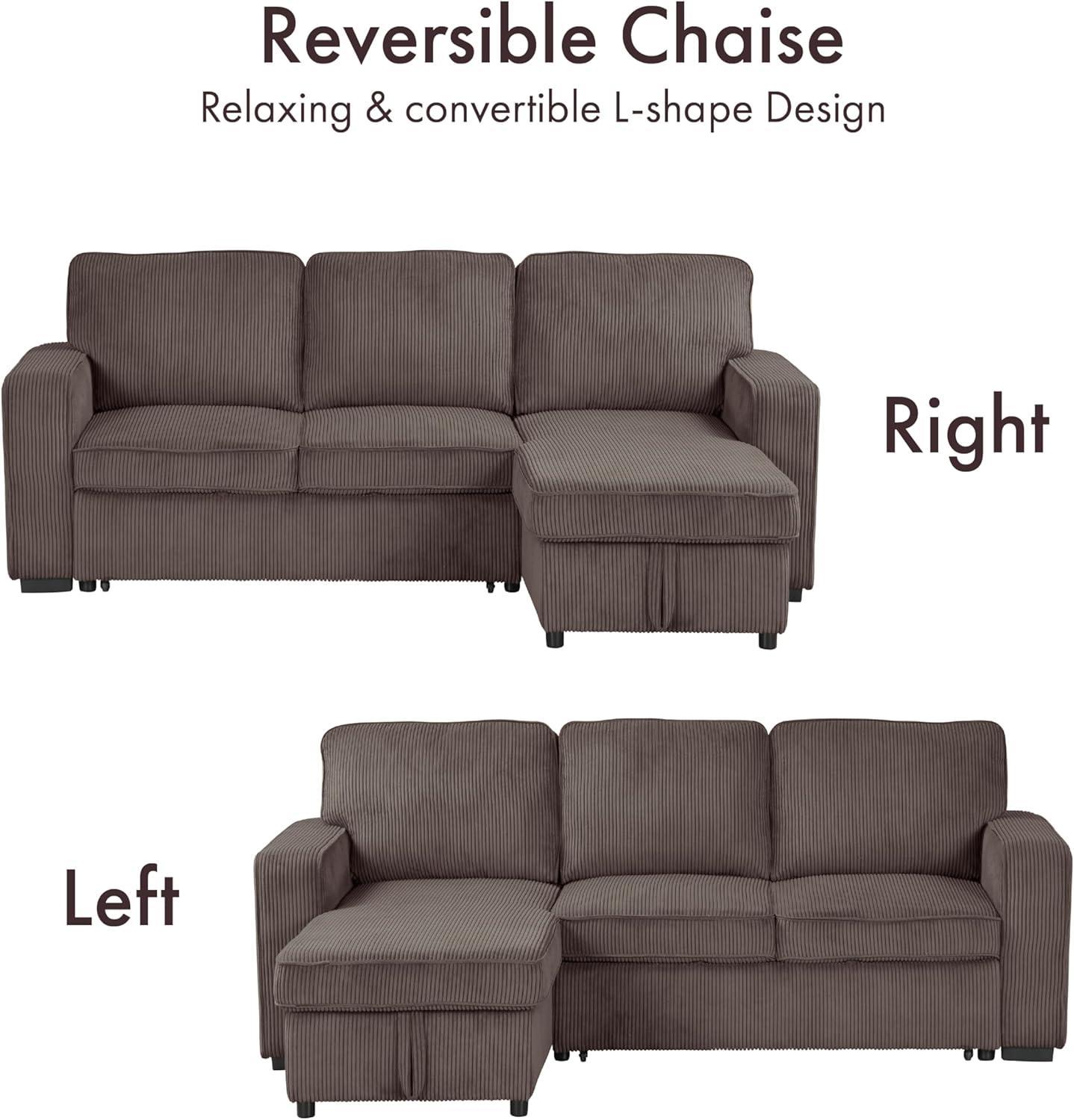 HOMES: Inside + Out Paeke Sleeper Sectional Sofa Corduroy with Storage Chaise and Reversible Brown