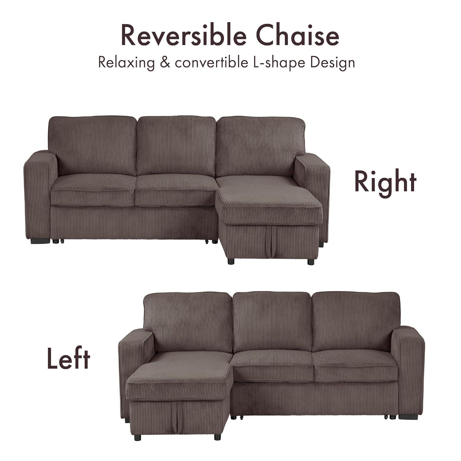 HOMES: Inside + Out Paeke Sleeper Sectional Sofa Corduroy with Storage Chaise and Reversible Brown