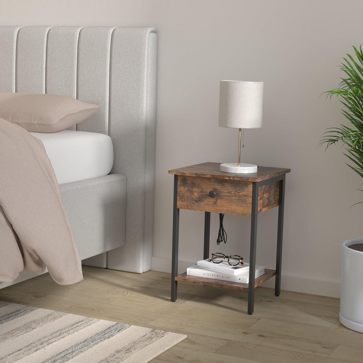 VASAGLE Nightstand with Charging Station, Side Table with Drawer and Open Shelf, End Table, for Bedroom, Easy Assembly, Industrial, Plug-in Series, Rustic Brown and Black ULET513B01
