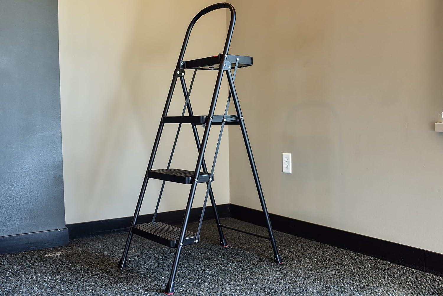Black Foldable Steel 3-Step Ladder with Project Tray