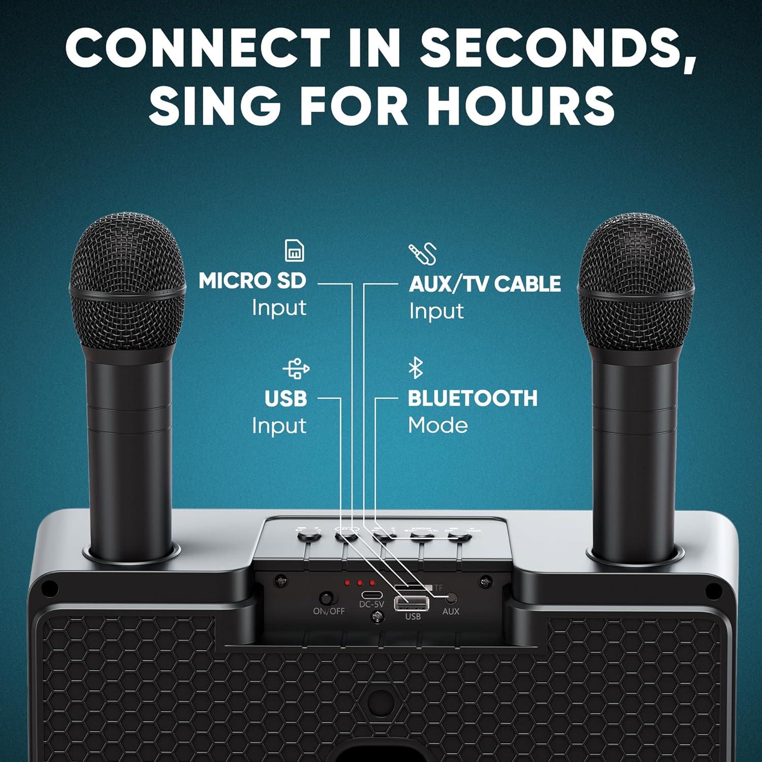 MASINGO Karaoke Machine for Adults and Kids with 2 Wireless Microphones, Portable Bluetooth Singing Speaker, Colorful LED Lights, PA System, Lyrics Display Holder & TV Cable - Presto G2 (Black)