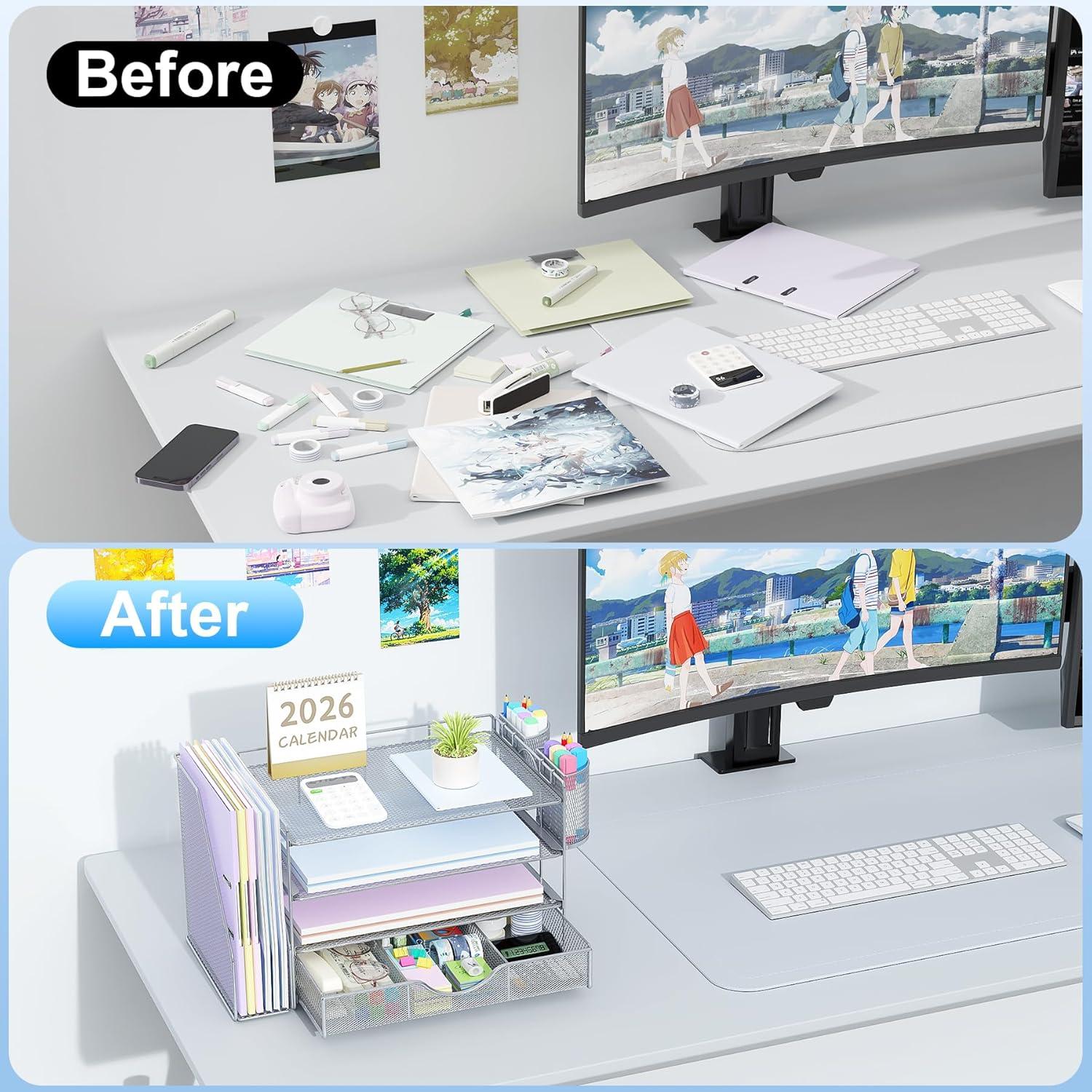 gianotter Desk Organizers and Accessories with File Holder, 4-Tier Desk Accessories & Workspace Organizers with Drawer and 2 Pen Holder, Paper Organizer for Office Supplies (Grey)