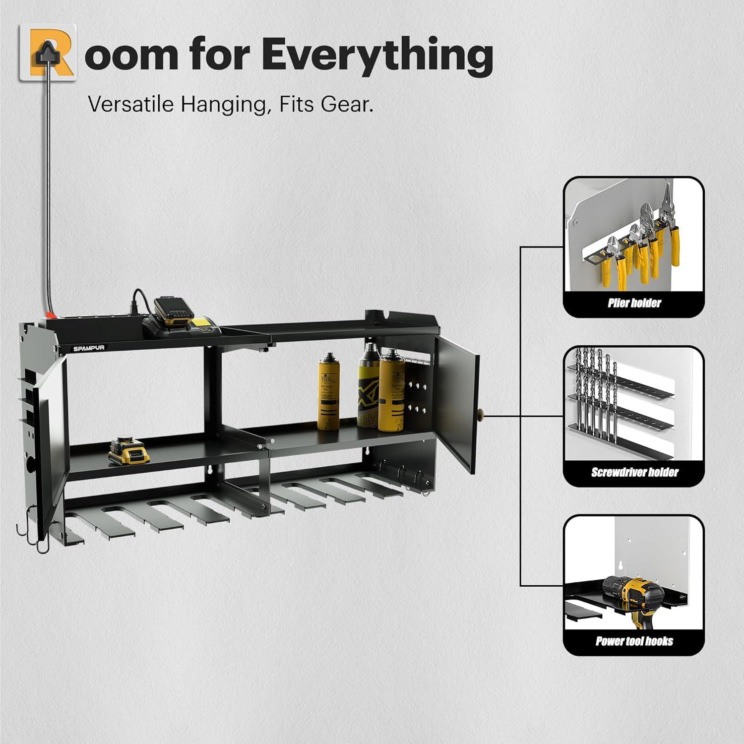 Spampur Power Tool Organizer Wall Mount with Charging Station, Garage Tool Shelf 6 Drill Holders, Tool Battery Holder with Plier holder Heavy Duty Rack, Tool Storage Rack with 4 Outlet Power Strip