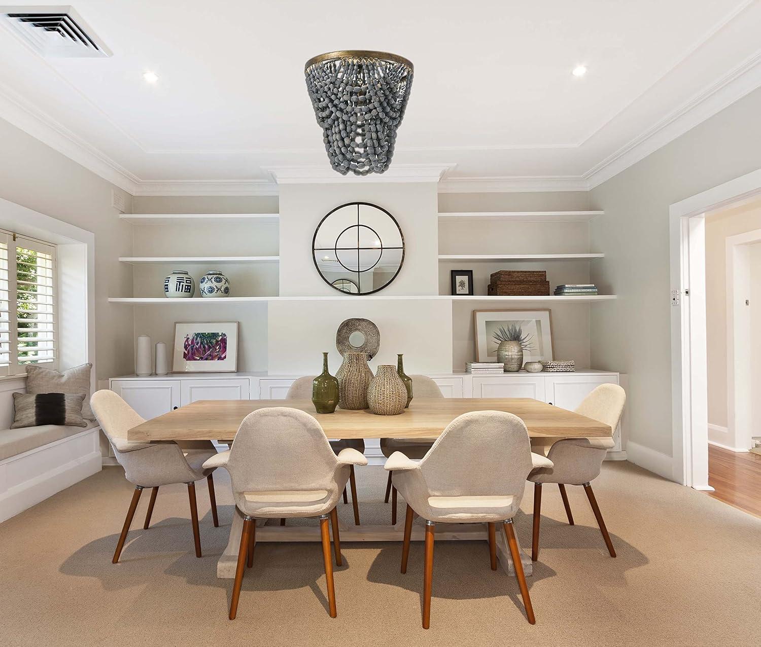 Storied Home 2-Tier Draped Wood Bead Semi-Flush Mount Ceiling Light Gray: ETL & UL Listed, Iron Body