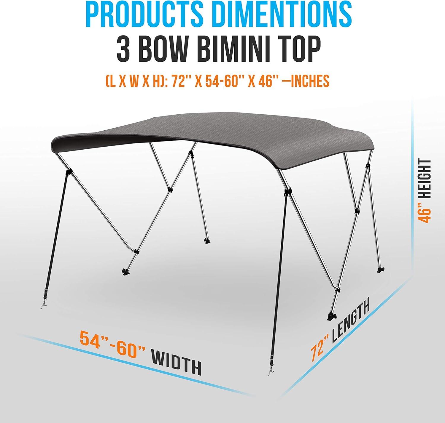 SereneLife 3 Bow Bimini Top - 2 Straps And 2 Rear Support Poles With Marine-Grade 600D Polyester Canvas (Gray) | Wayfair