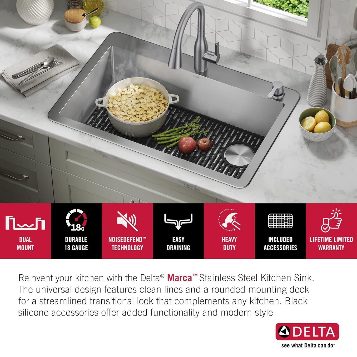 Delta Marca™ Drop-In Undermount Stainless Steel Single Bowl Kitchen Sink with Accessories