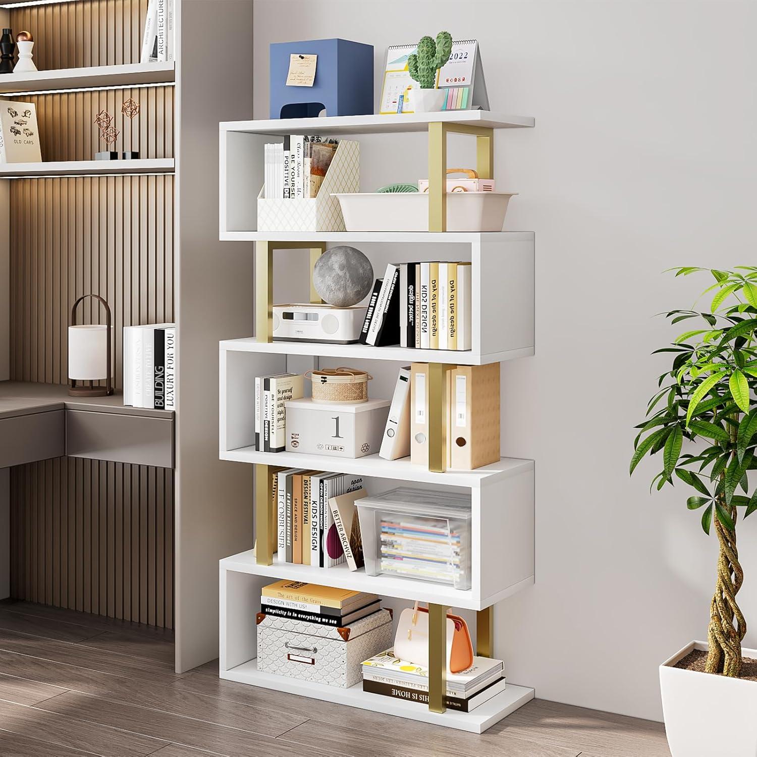 White S-Shaped 5-Tier Geometric Bookcase with Gold Accents