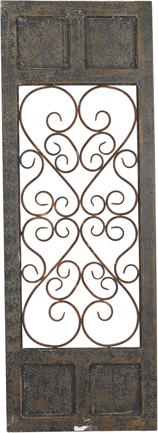 Olivia & May Traditional Wood Scroll Window Inspired Wall Decor with Metal Scrollwork Relief Brown: Vertical Iron Frame, Carved Art Object