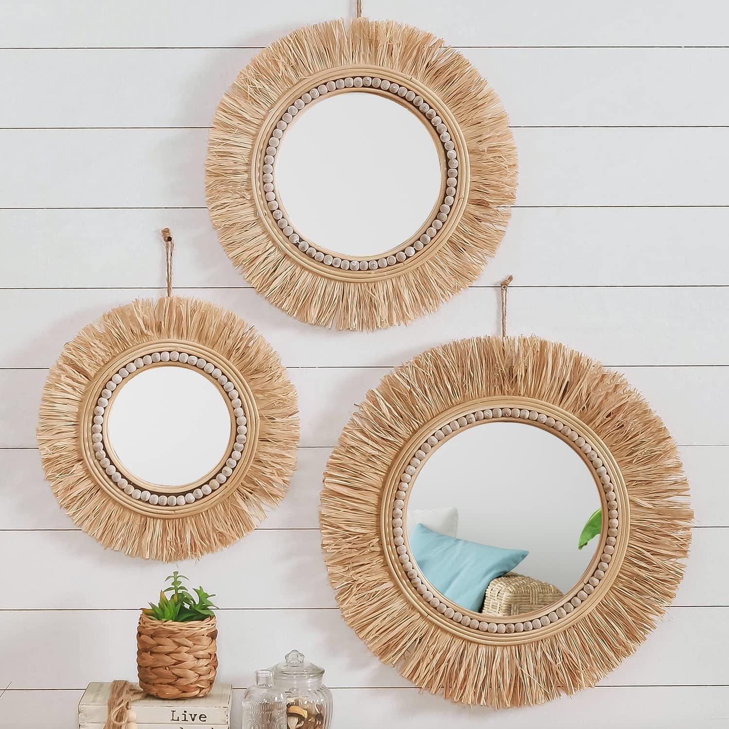 Natural Raffia and Bead Round Wall Mirrors Set