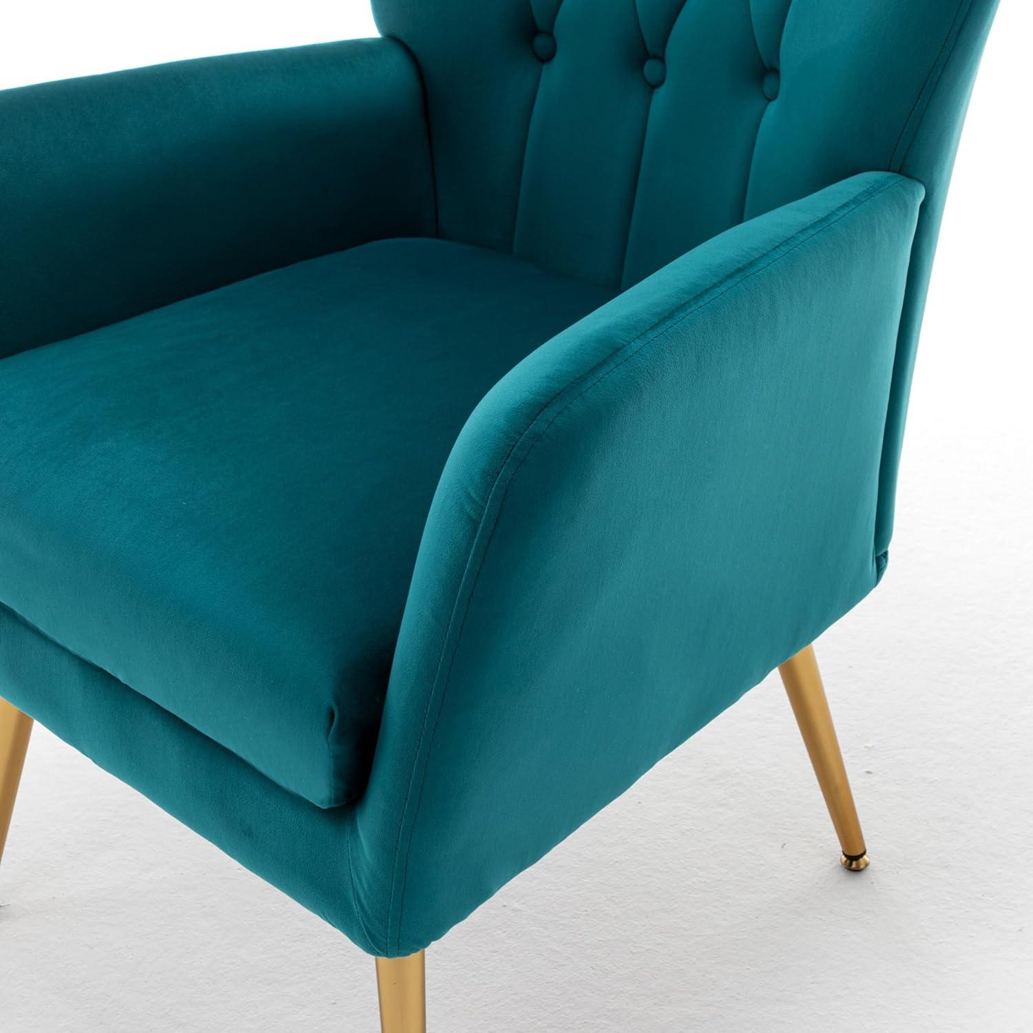 Modern Chic Mid-Century Velvet Accent Armchair for Living Room, Bedroom, or Home Office, Button-Tufted Wingback Design with Gold Flared Legs, Dark Teal