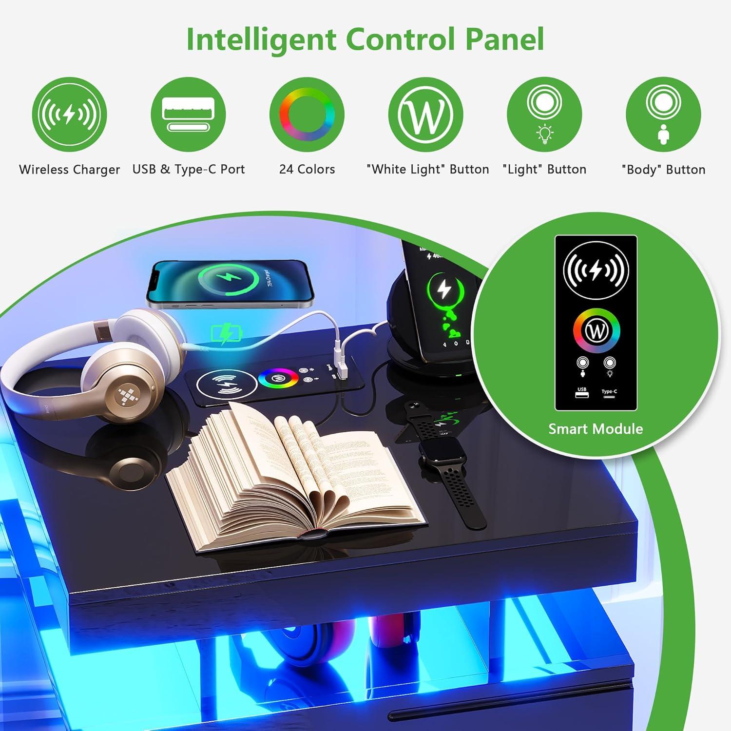 HNEBC Smart LED Nightstand with Wireless Charging & USB Ports, High Glossy Night Stand with 3 Drawers and 1 Pull-Out Tray, Modern Bedside Table with Human Sensor for Bedroom (White)